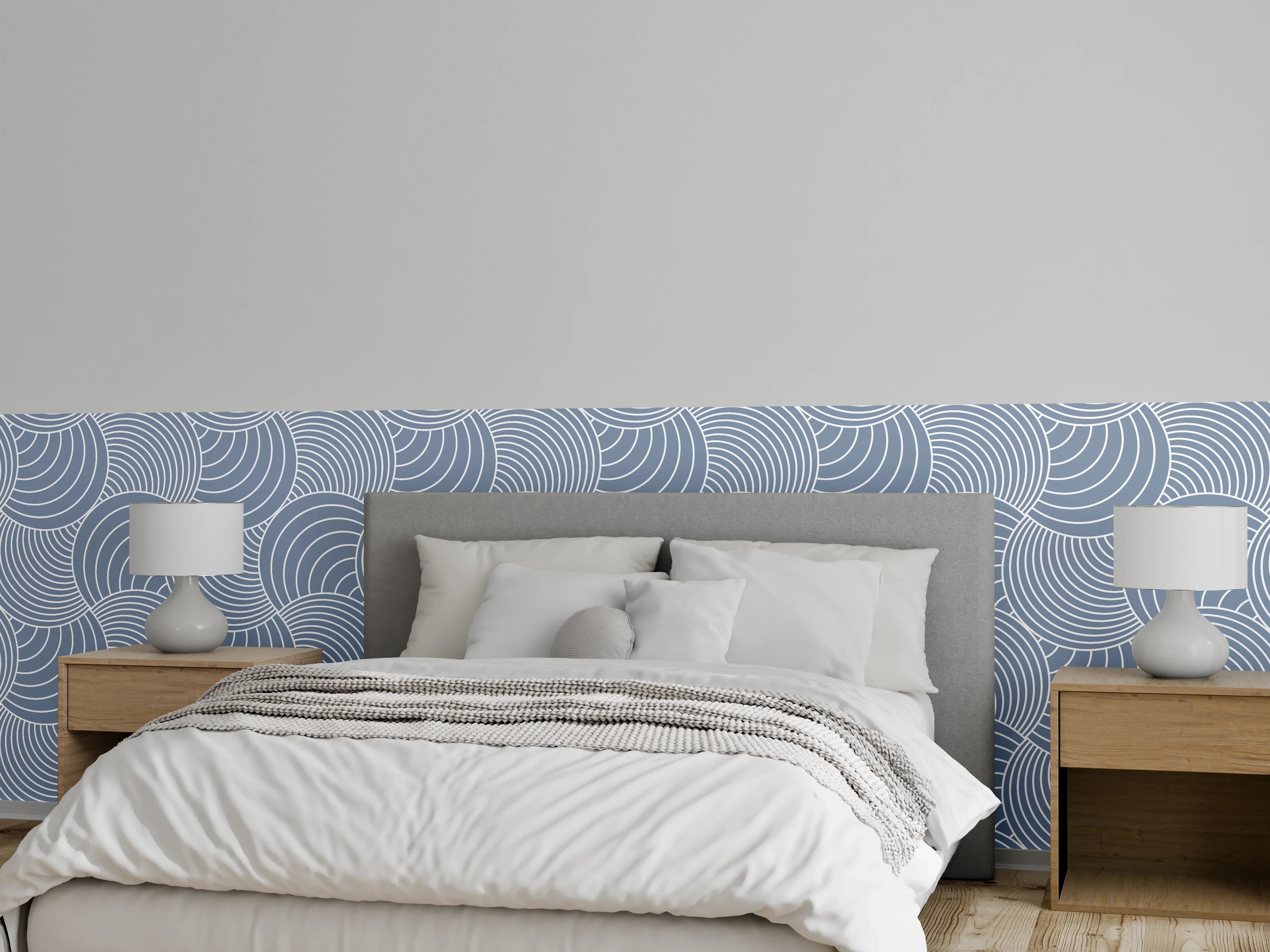Wandverkleidung Schlafzimmer - Modernes Wellenmuster in Blau-Weiß