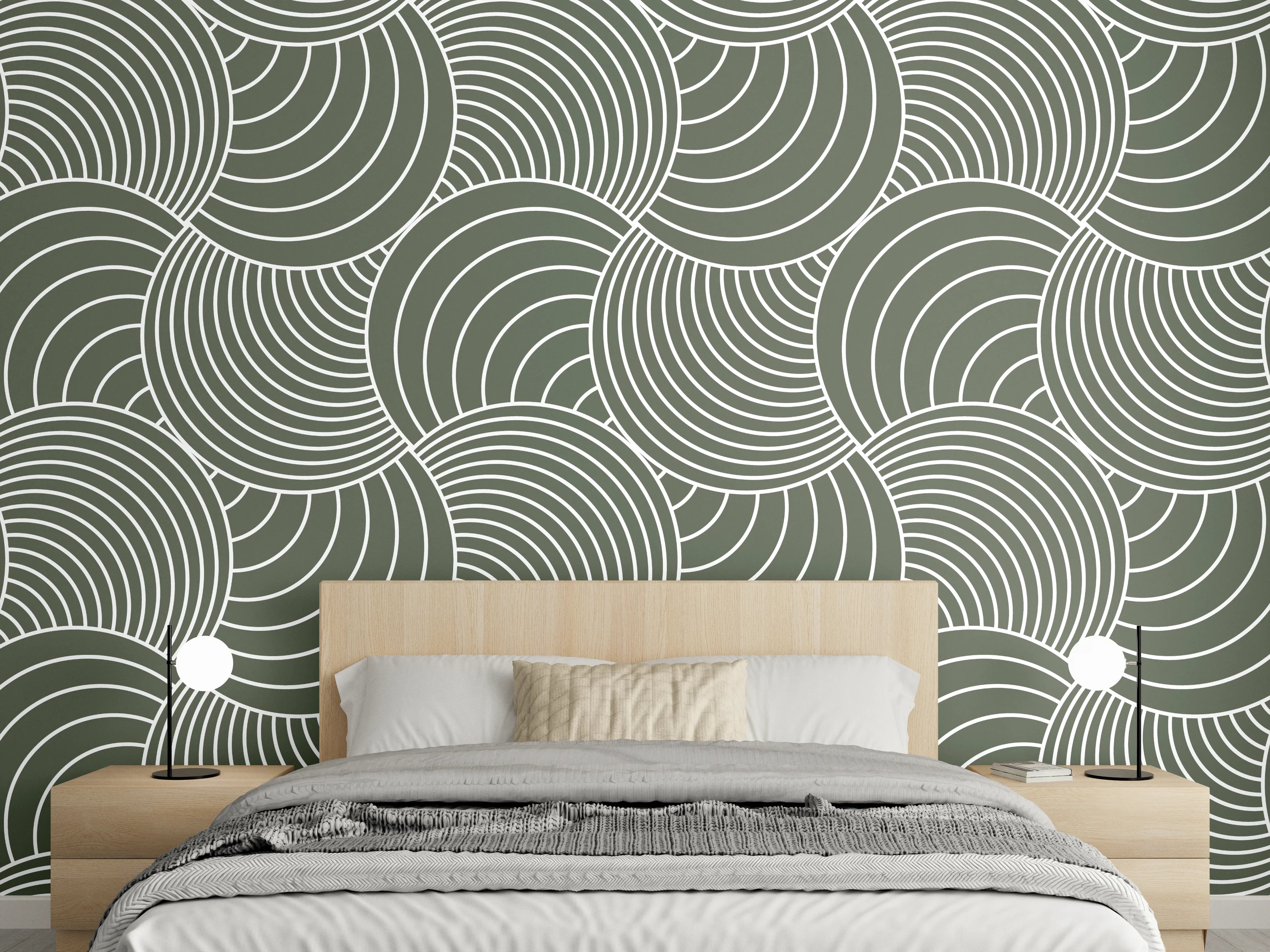 Wandverkleidung Schlafzimmer - Modernes Wellenmuster in Dunkelgrün-Weiß