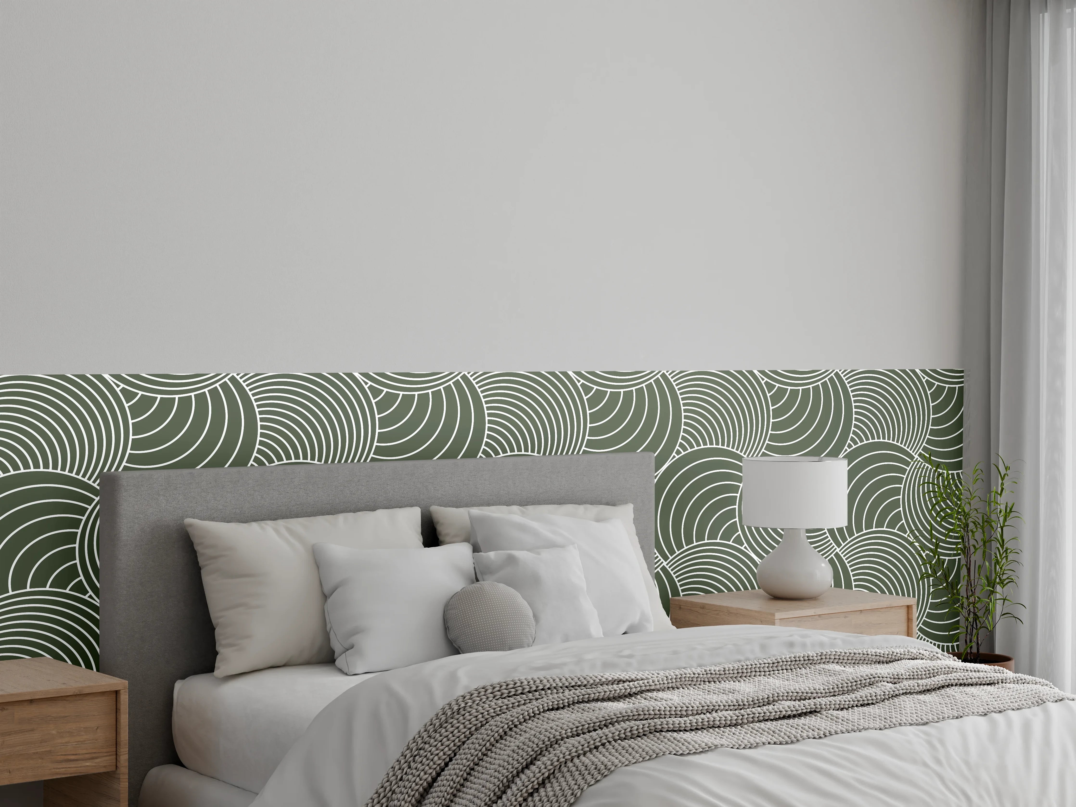Wandverkleidung Schlafzimmer - Modernes Wellenmuster in Dunkelgrün-Weiß