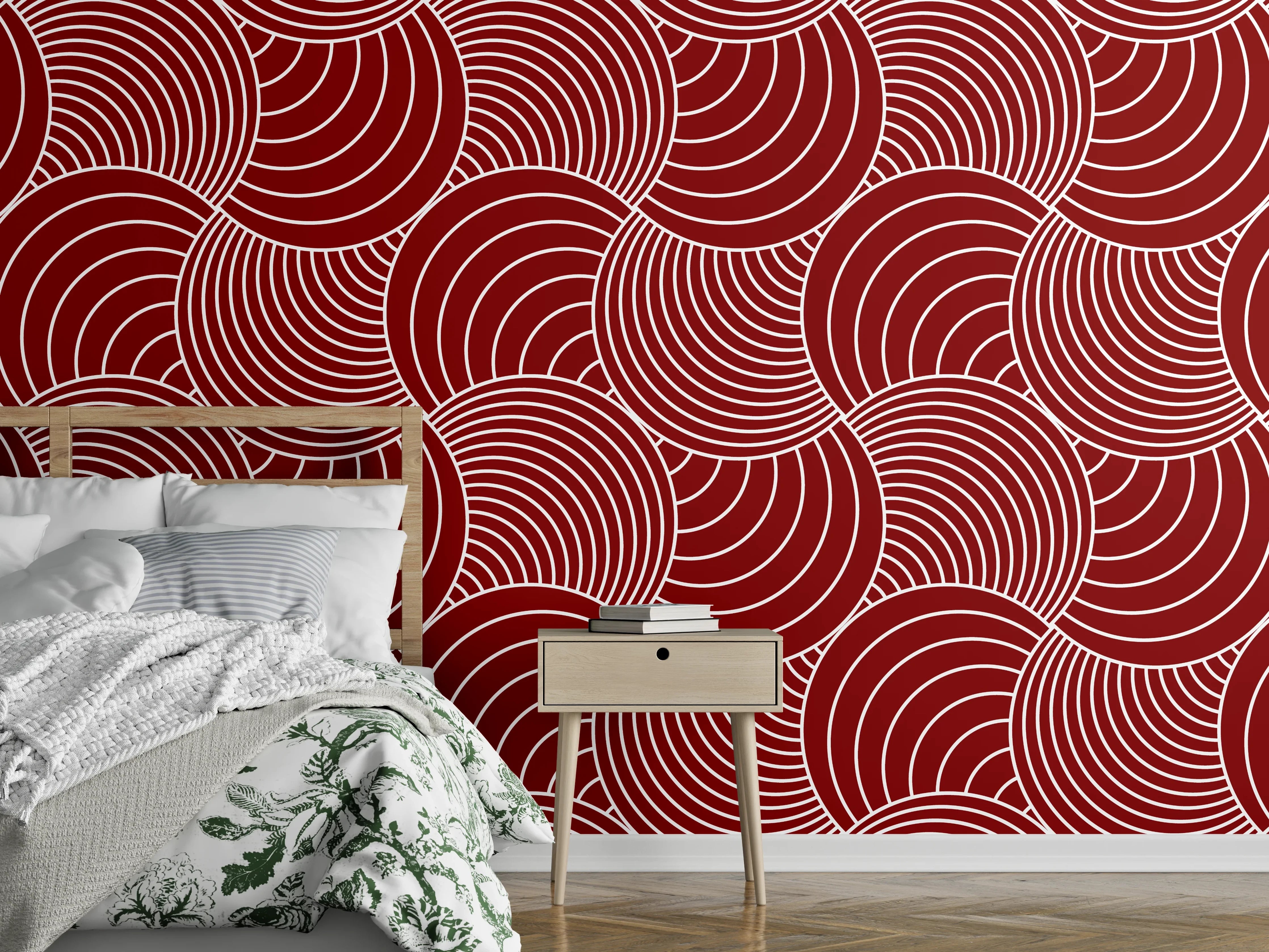 Wandverkleidung Schlafzimmer - Modernes Wellenmuster in Rot-Weiß