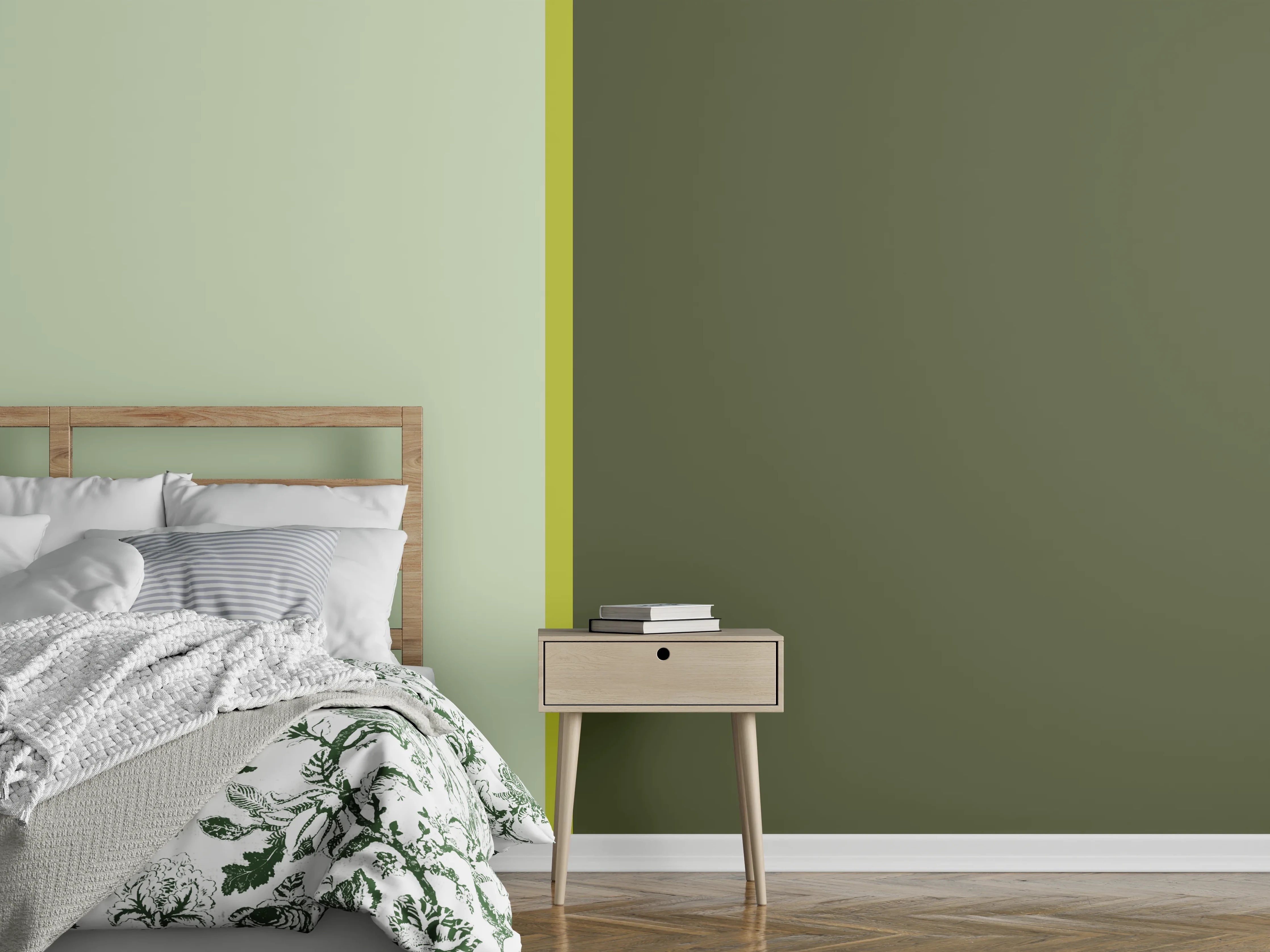 Wandverkleidung Schlafzimmer - Modernes Zweifarb-Design Grün Beige