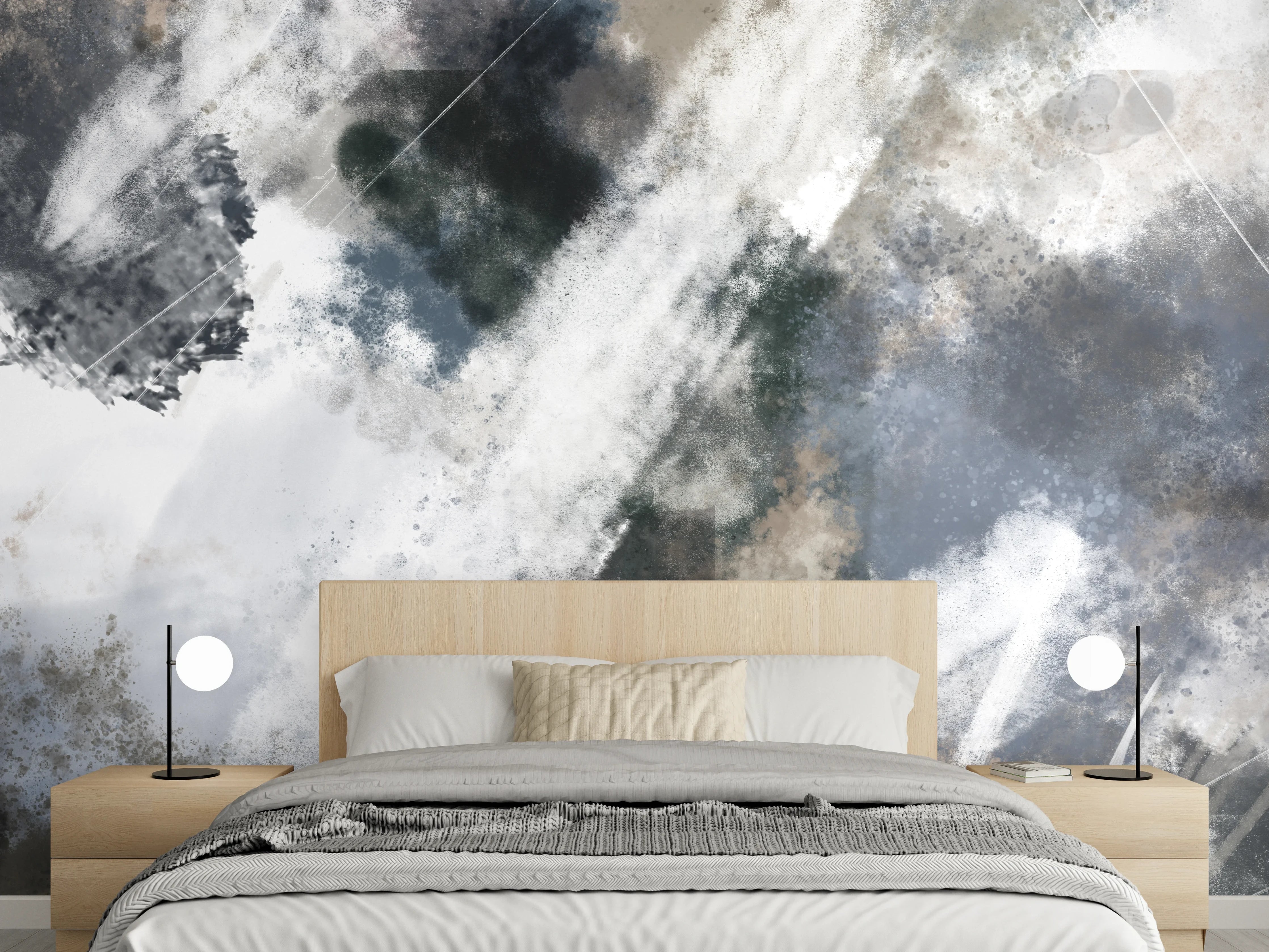 Wandverkleidung Schlafzimmer - Modernes abstraktes Weiß-Grau Wanddesign