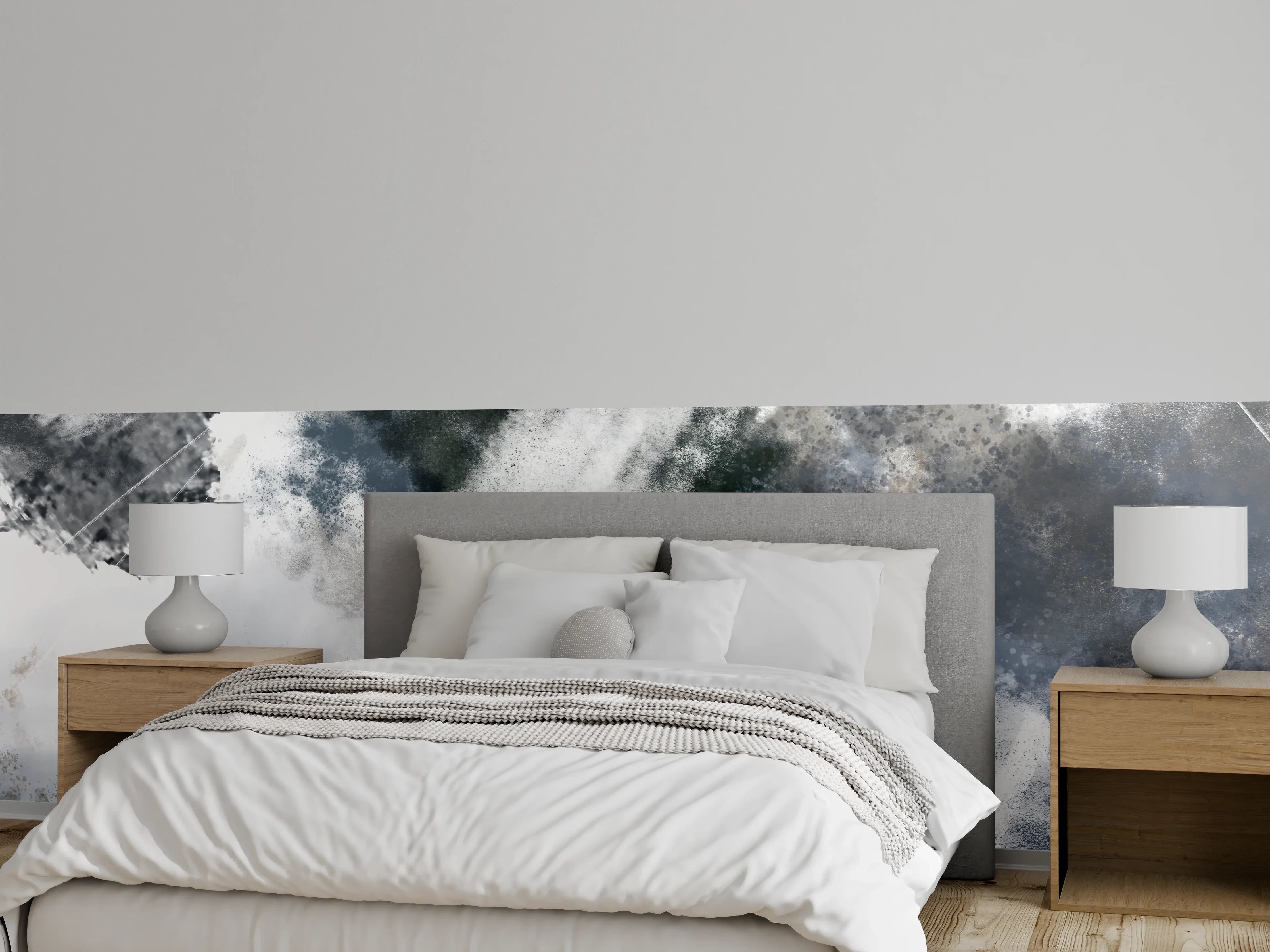 Wandverkleidung Schlafzimmer - Modernes abstraktes Weiß-Grau Wanddesign