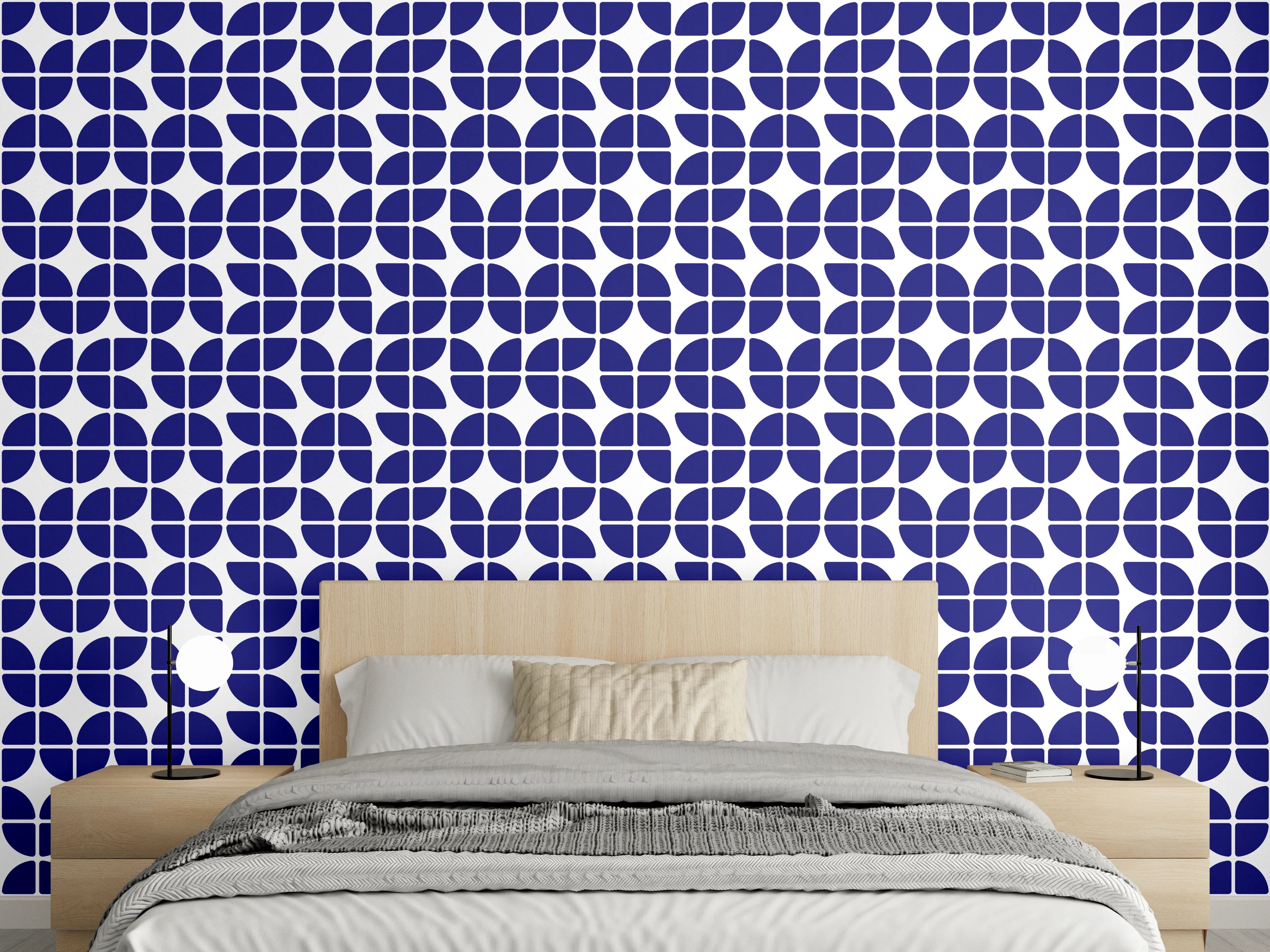 Wandverkleidung Schlafzimmer - Modernes geometrisches Fliesenmuster in Blau-Weiß