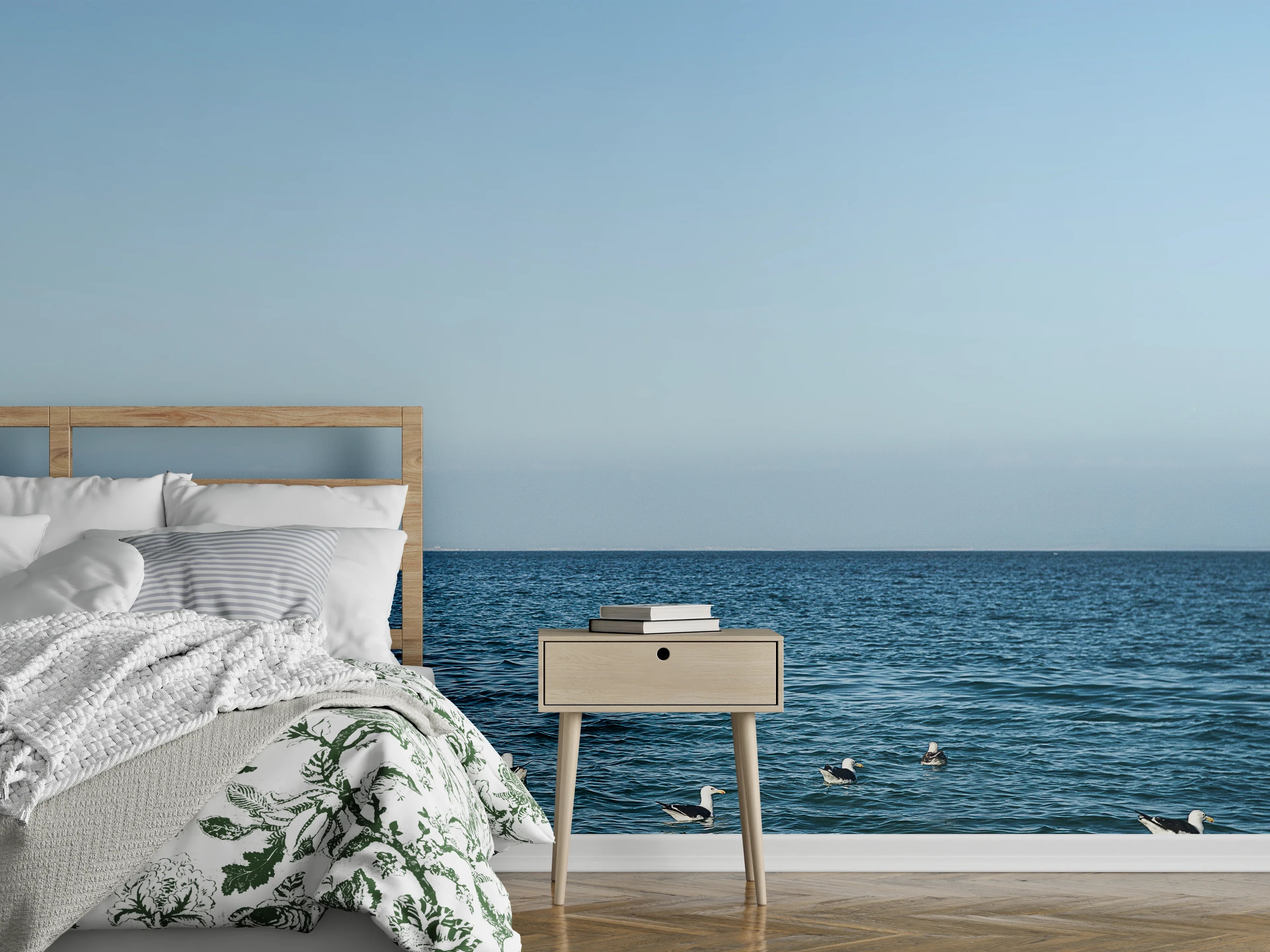 Wandverkleidung Schlafzimmer - Möwen am Meer unter blauem Himmel