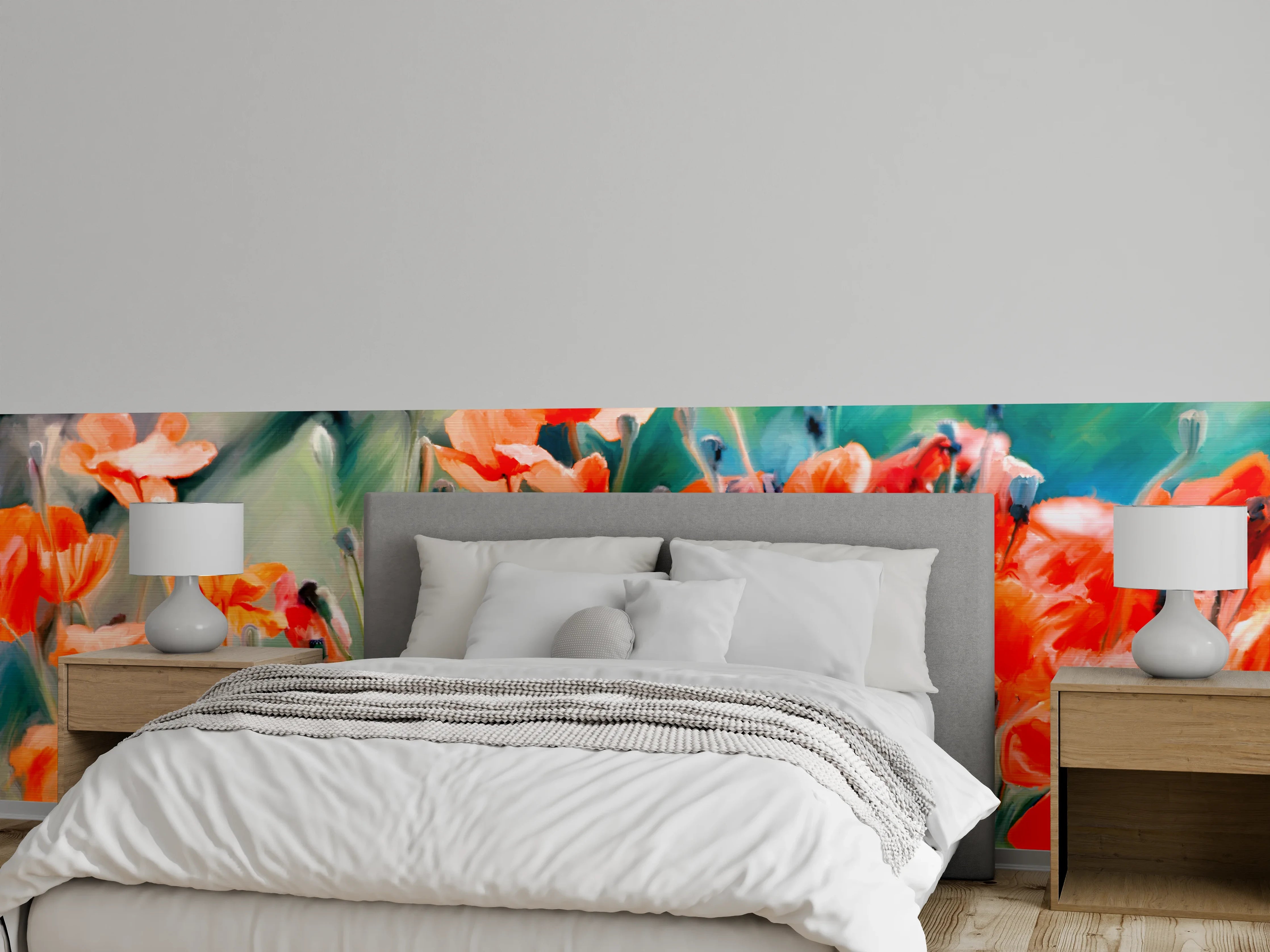 Wandverkleidung Schlafzimmer - Mohnblumen Aquarell Wiese Kunstbild