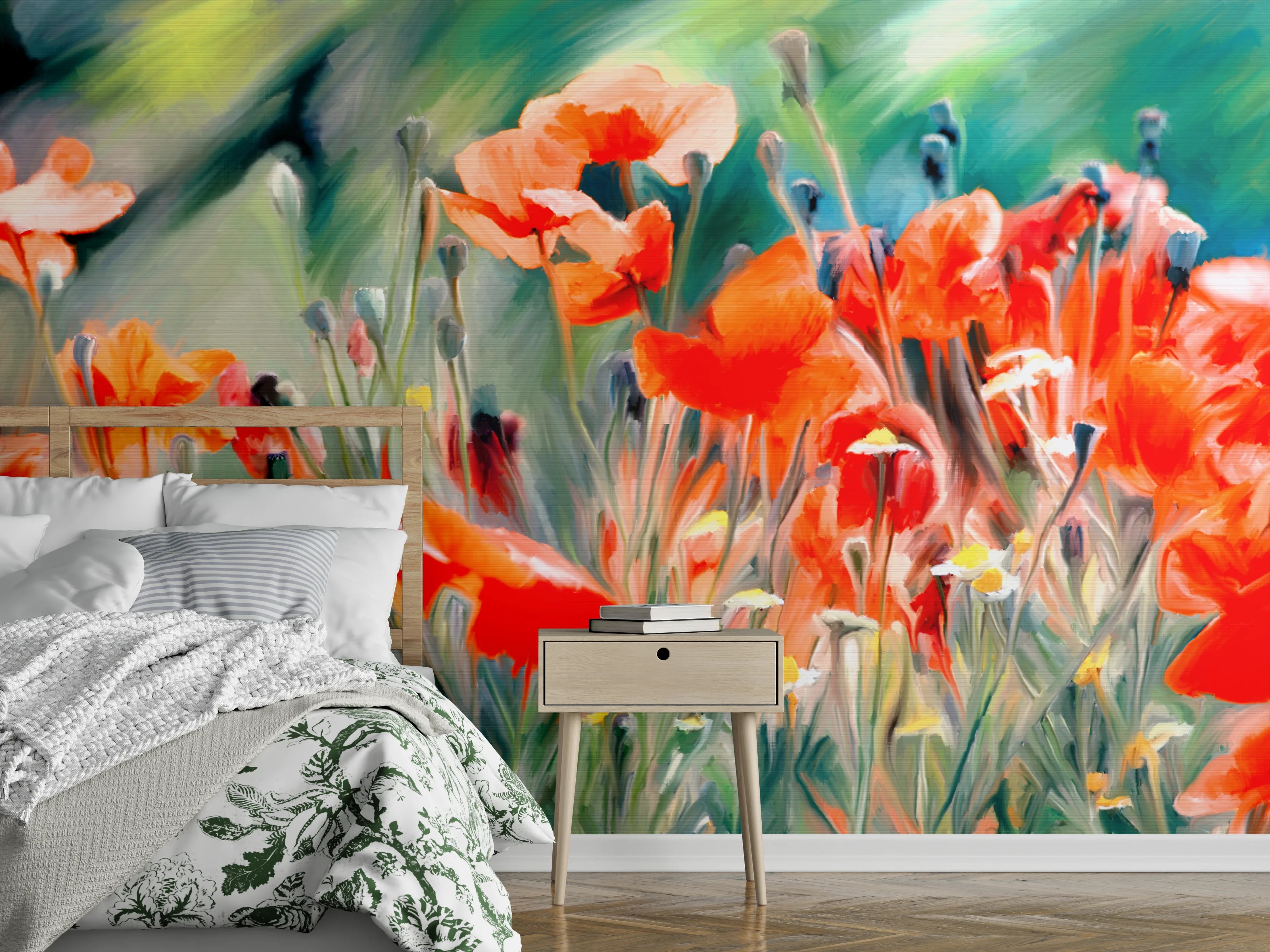 Wandverkleidung Schlafzimmer - Mohnblumen Aquarell Wiese Kunstbild