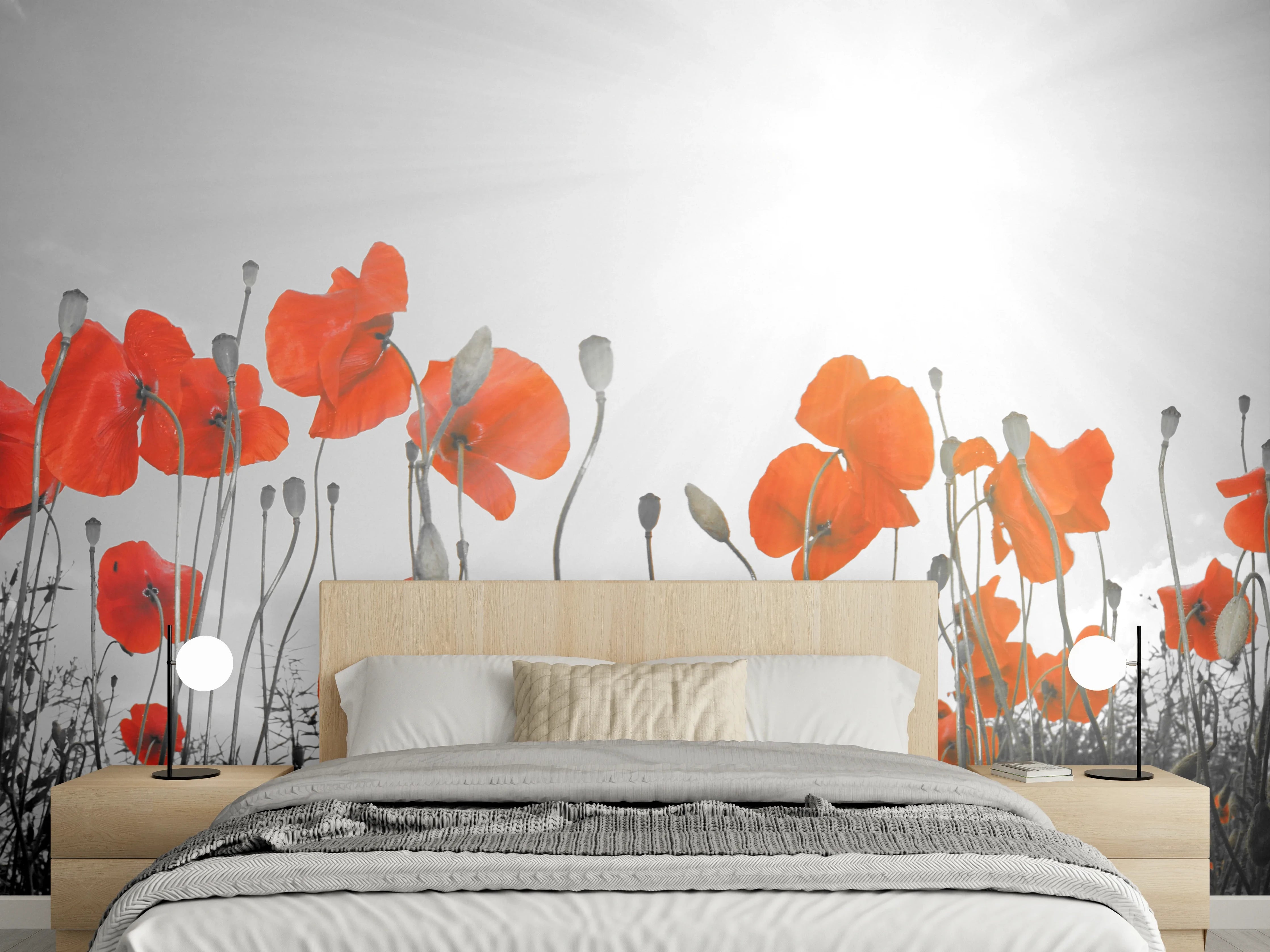 Wandverkleidung Schlafzimmer - Mohnblumen im Sonnenlicht Schwarz-Weiß