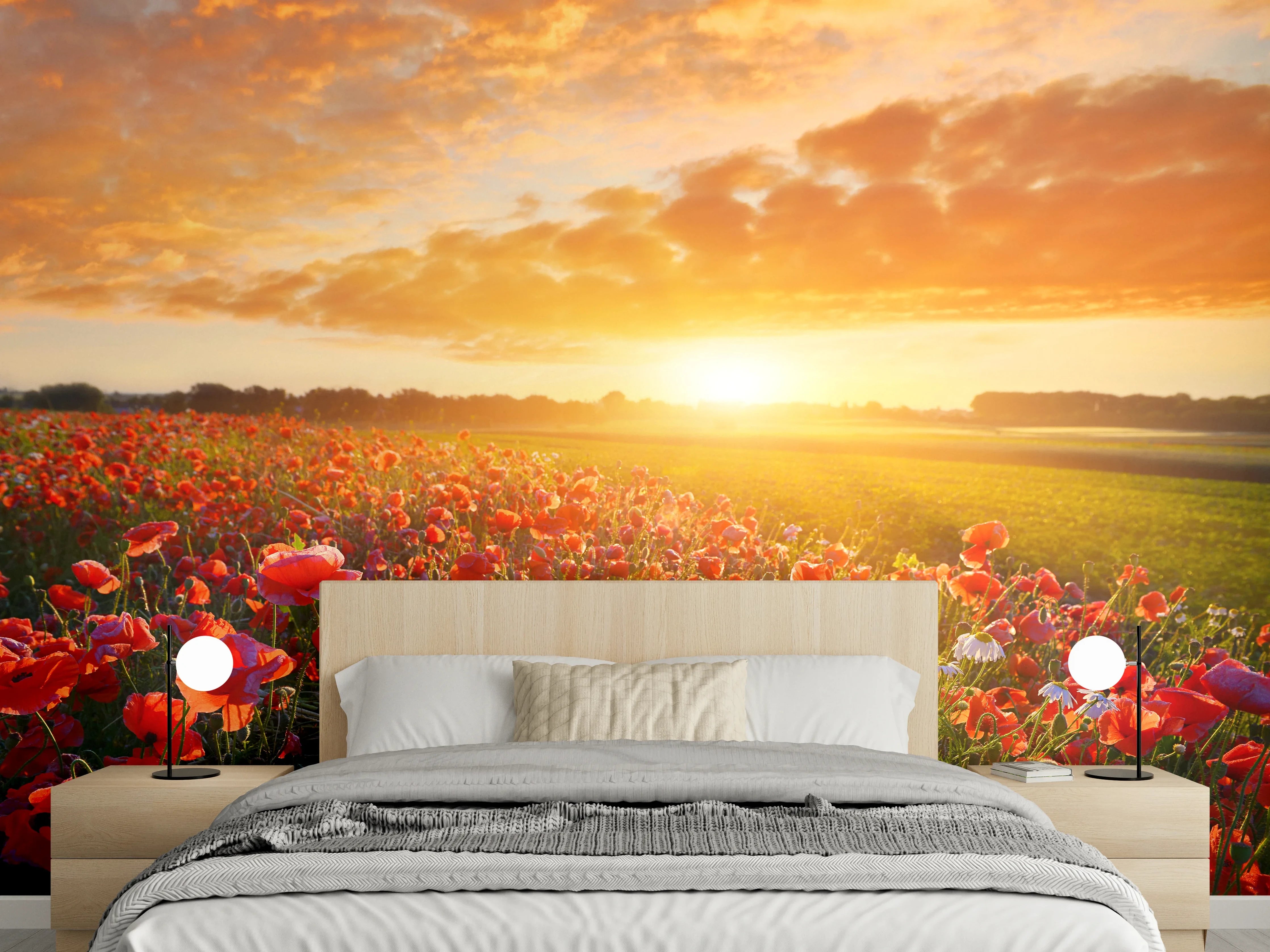 Wandverkleidung Schlafzimmer - Mohnblumenfeld bei Sonnenuntergang Wanddekor