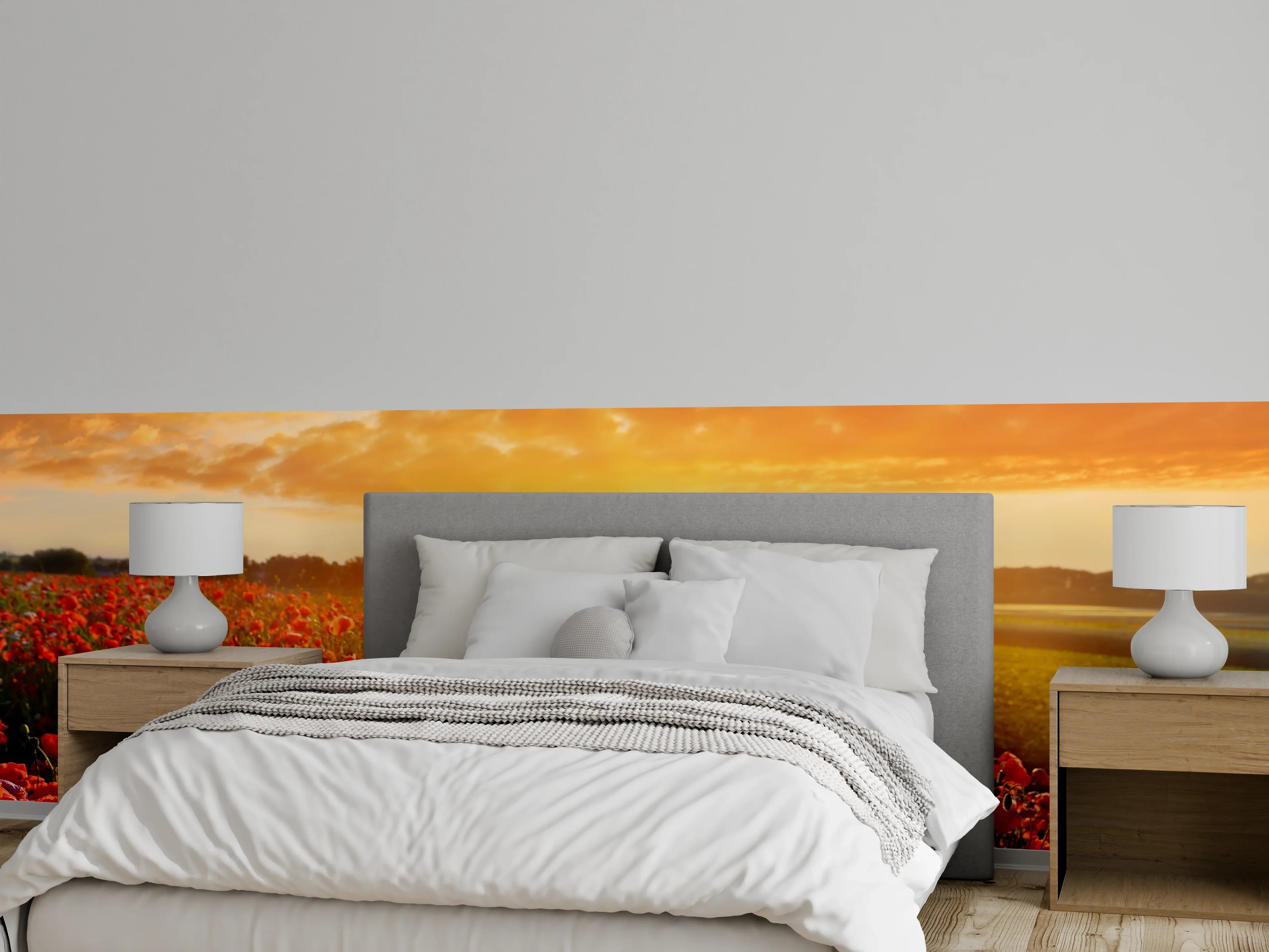 Wandverkleidung Schlafzimmer - Mohnblumenfeld bei Sonnenuntergang Wanddekor