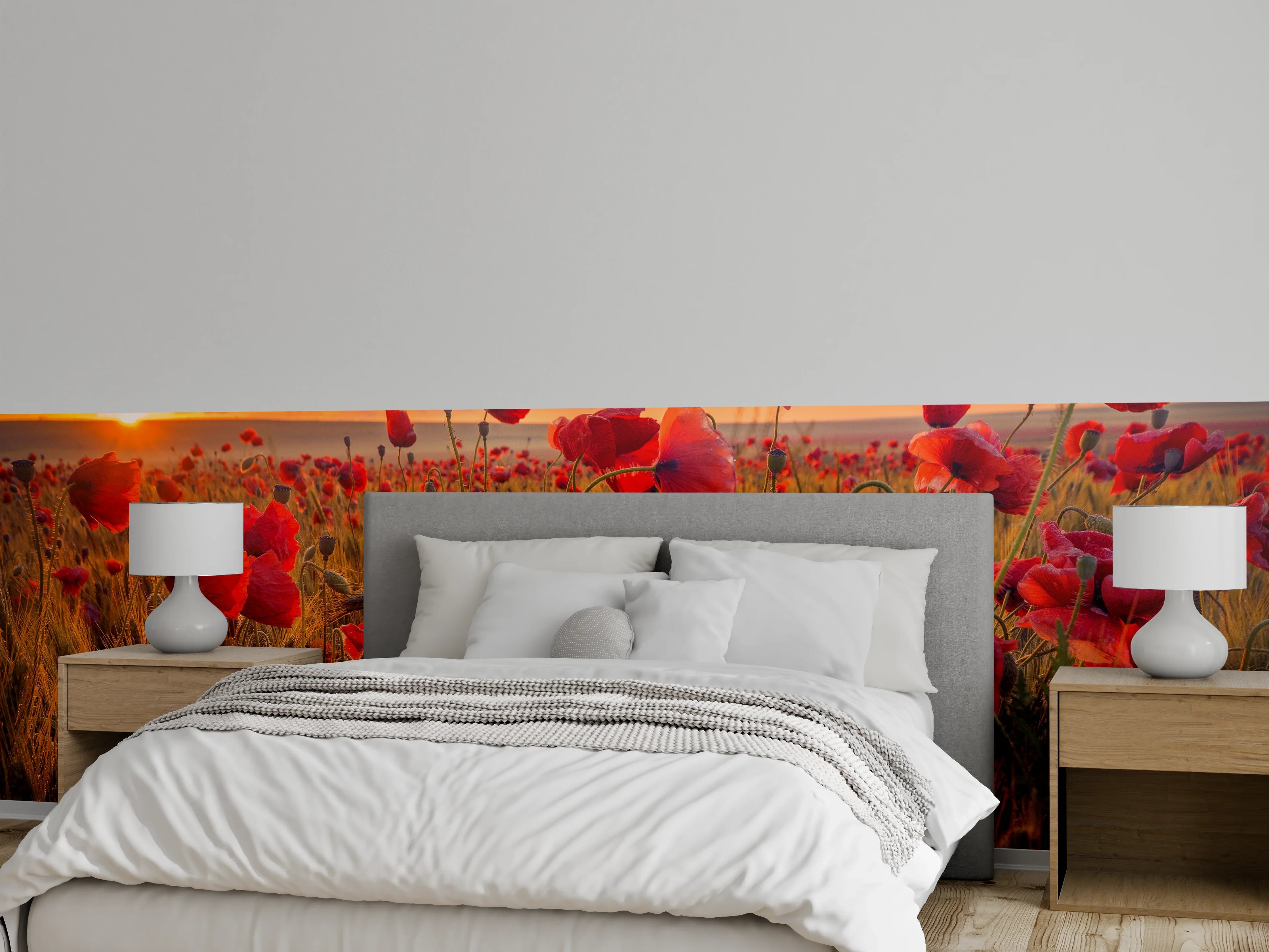 Wandverkleidung Schlafzimmer - Mohnblumenfeld im Sonnenuntergang – Naturfoto