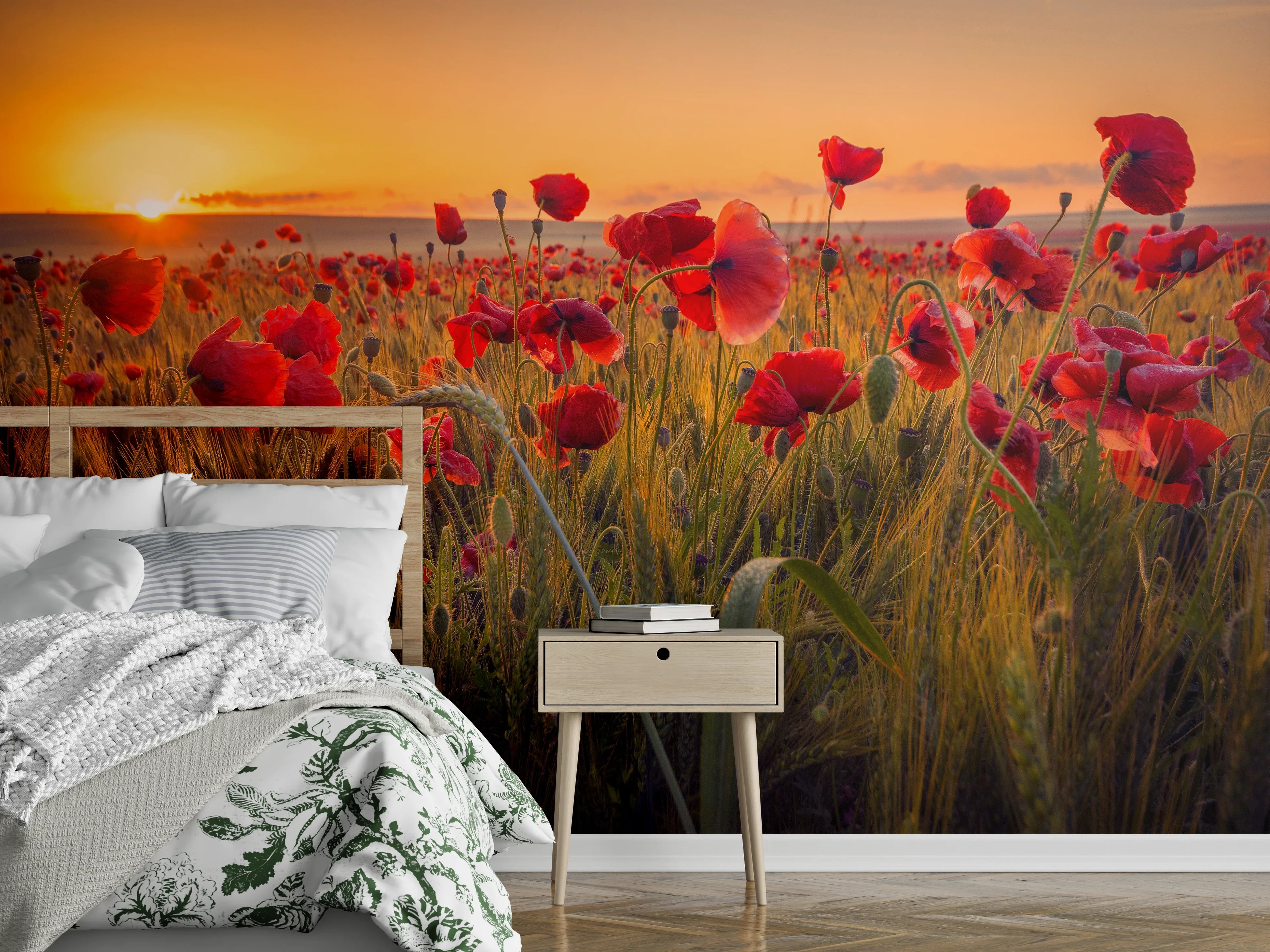 Wandverkleidung Schlafzimmer - Mohnblumenfeld im Sonnenuntergang – Naturfoto