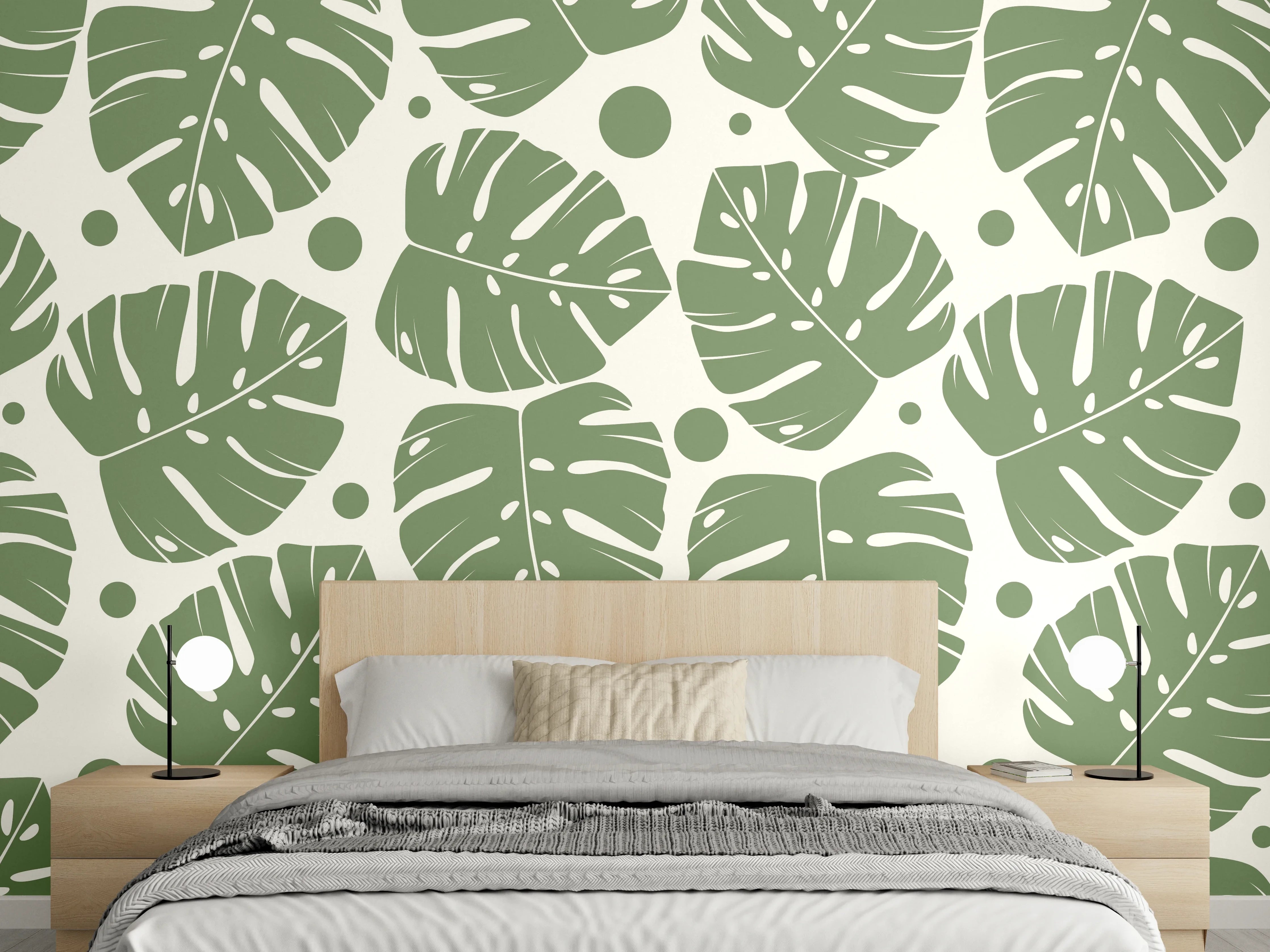Wandverkleidung Schlafzimmer - Monstera-Blätter Cremegrün