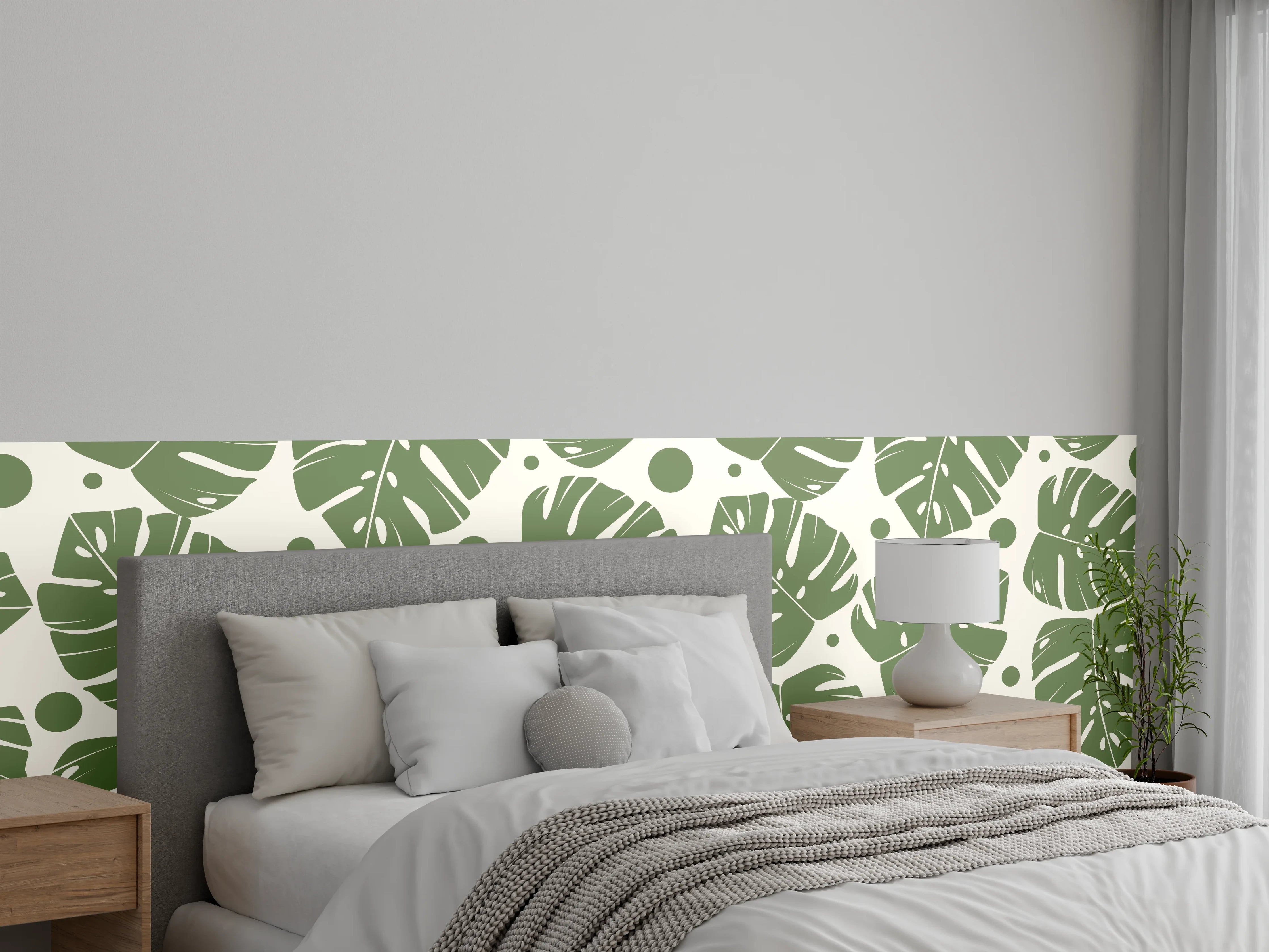 Wandverkleidung Schlafzimmer - Monstera-Blätter Cremegrün