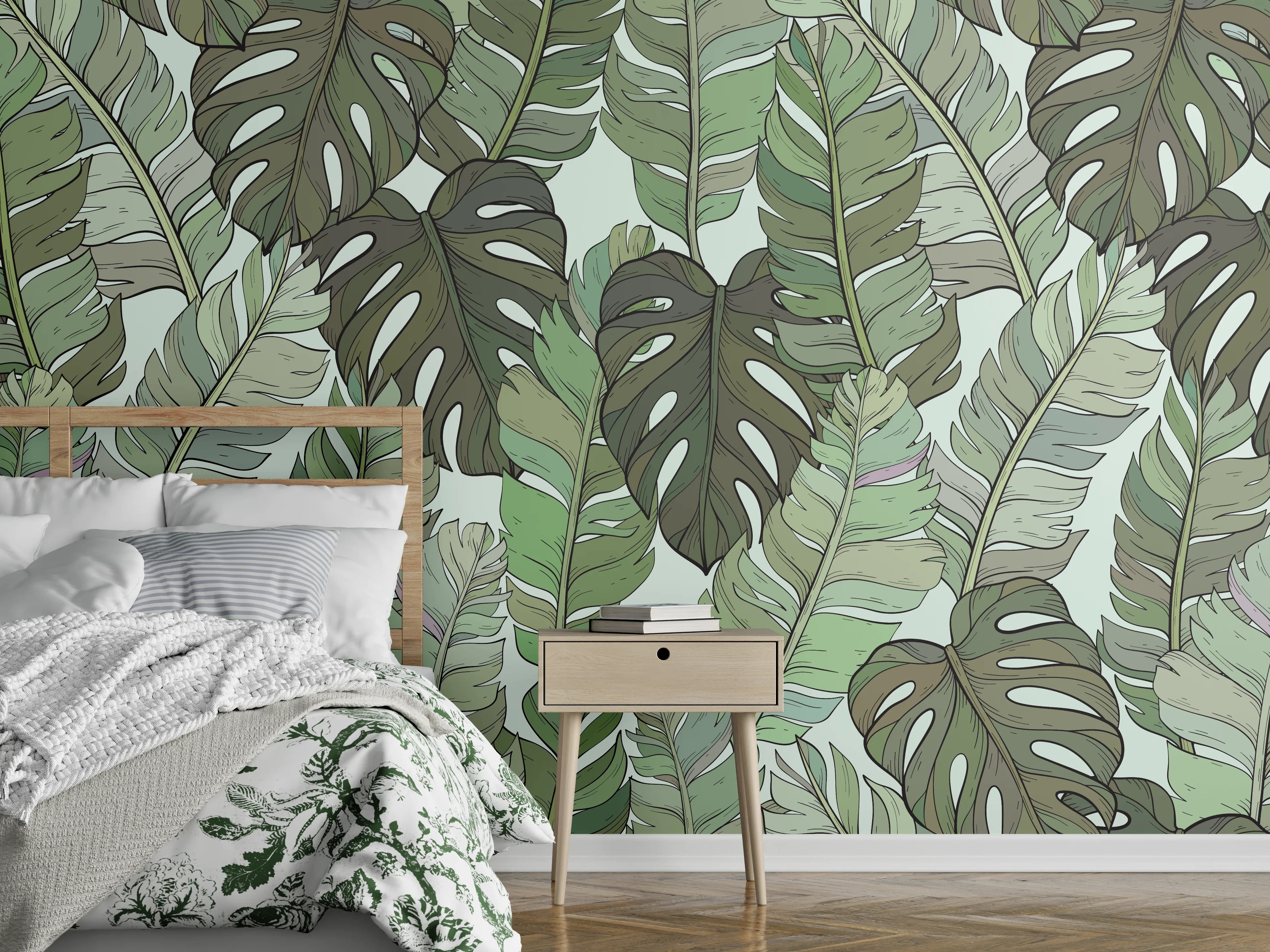 Wandverkleidung Schlafzimmer - Monstera-Blätter – Tropische Eleganz