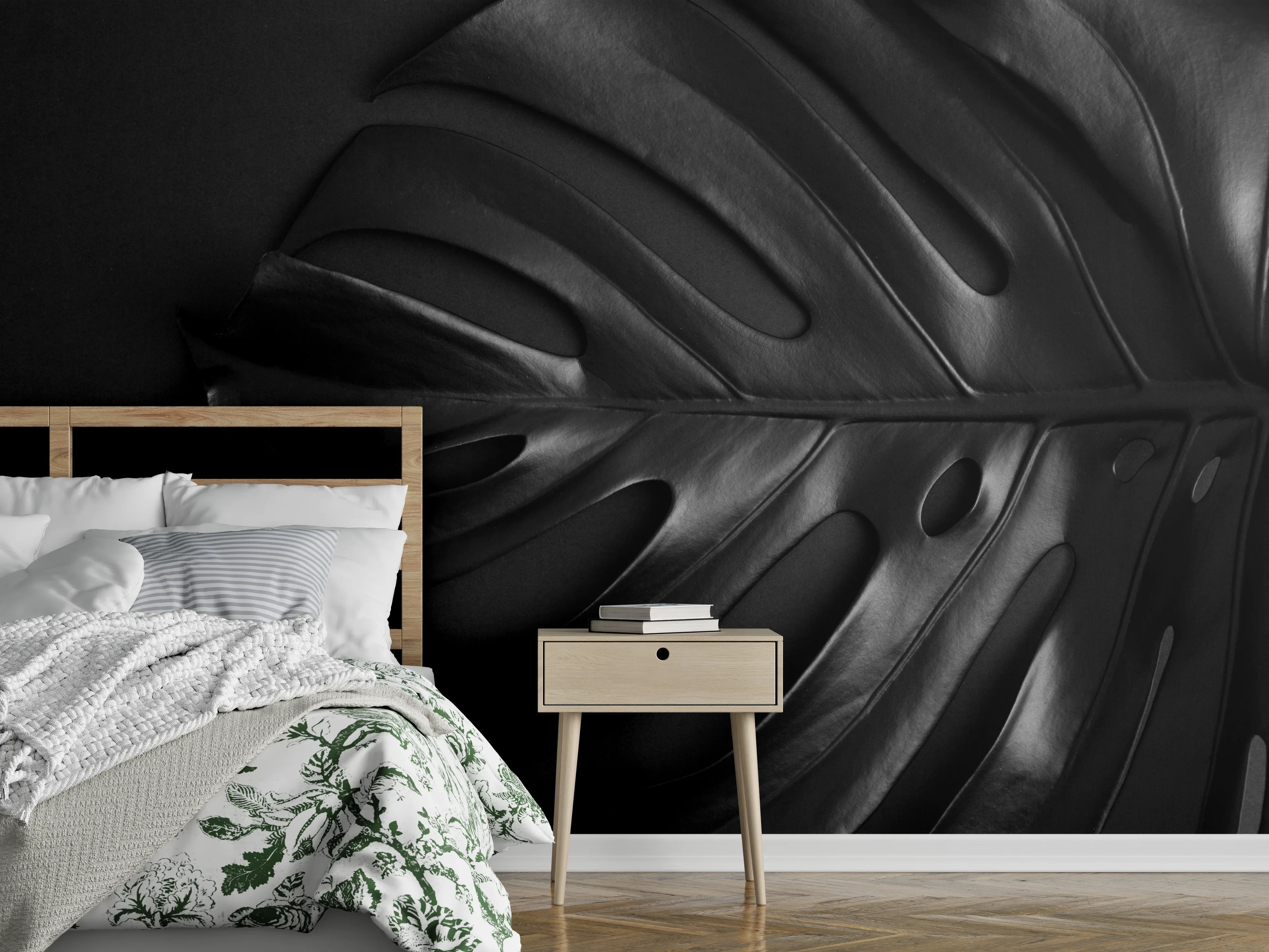 Wandverkleidung Schlafzimmer - Monstera Blatt Schwarz-weiß Design