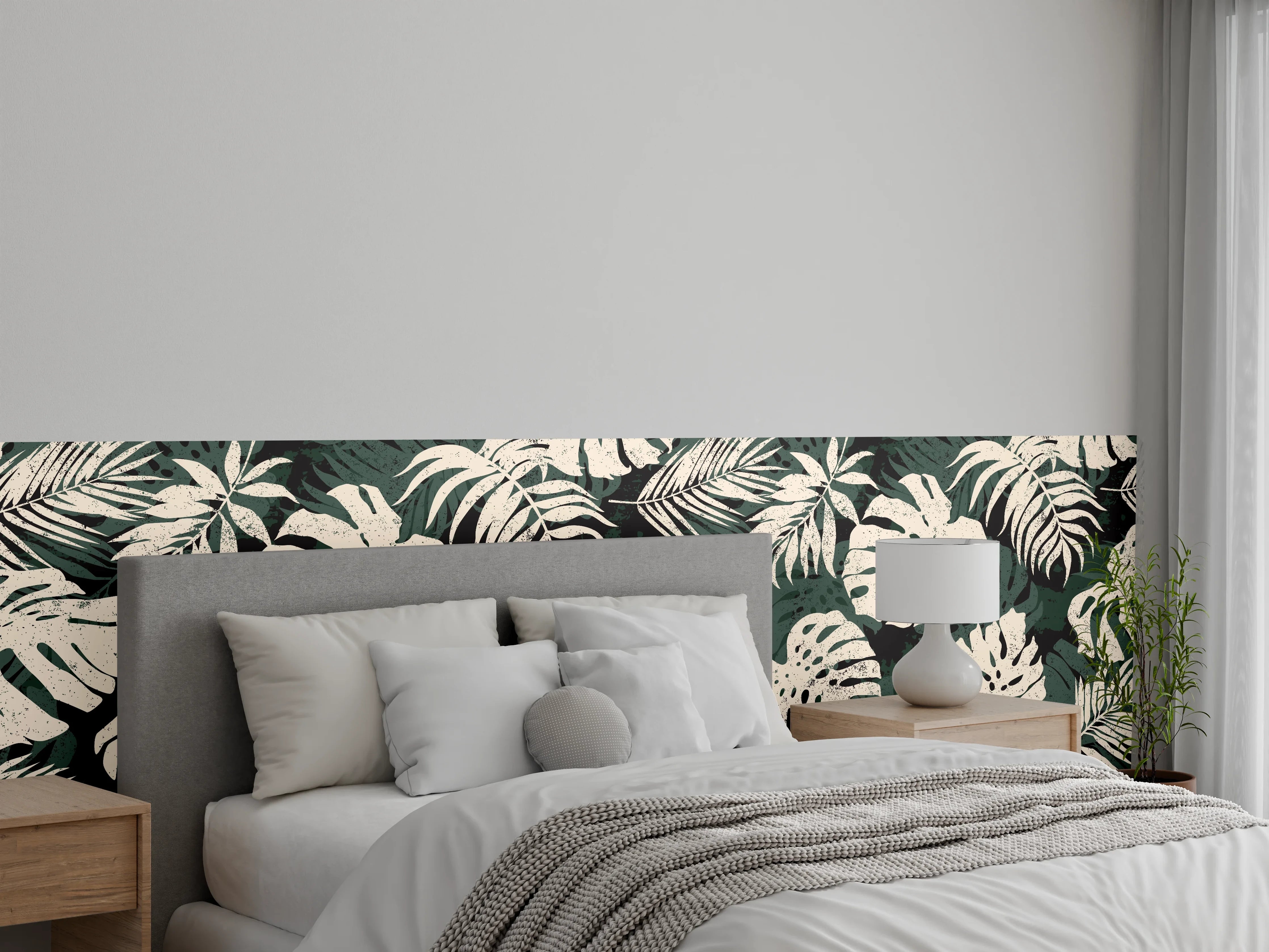 Wandverkleidung Schlafzimmer - Monstera Blattmuster Grün-Beige