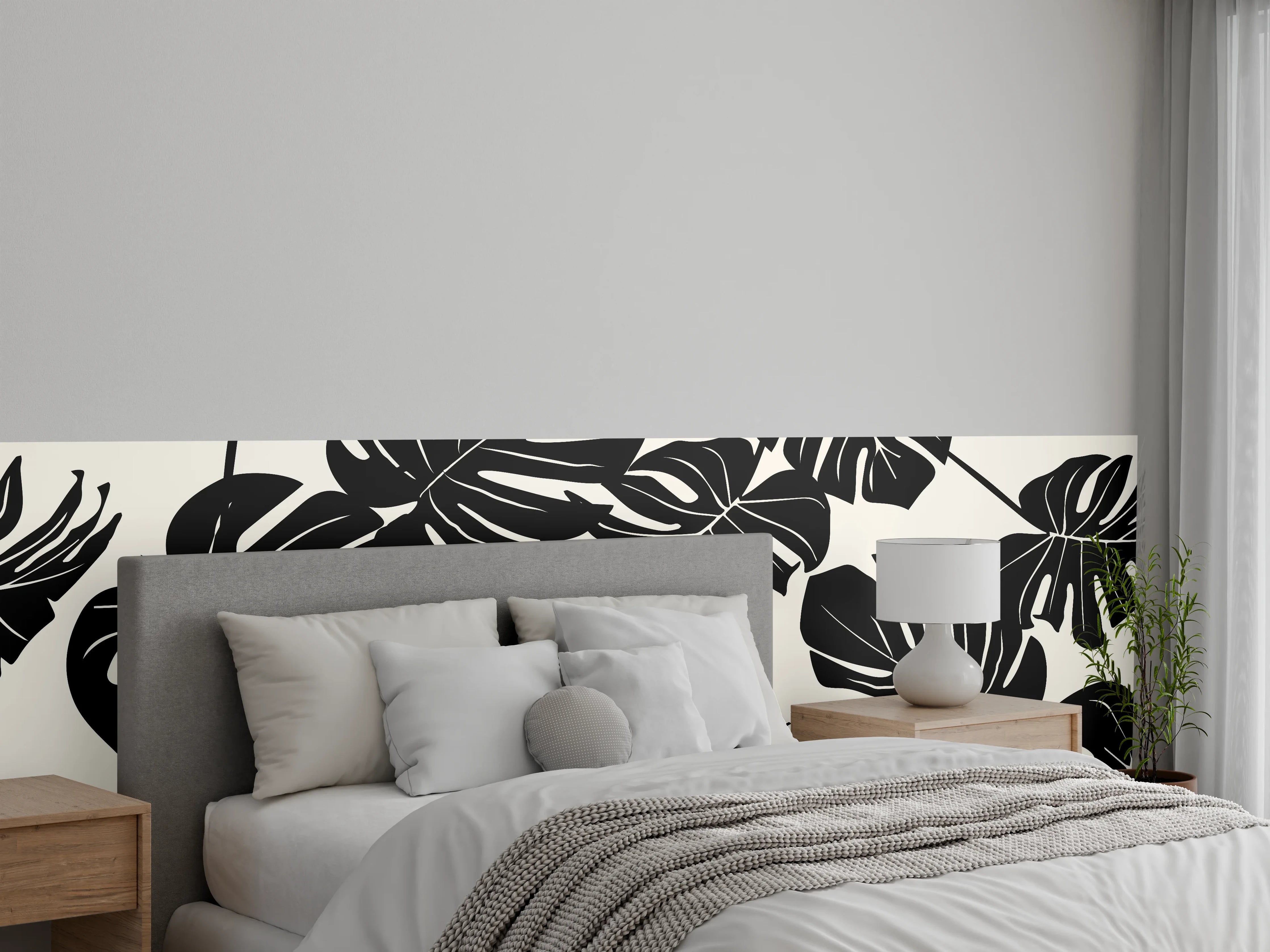 Wandverkleidung Schlafzimmer - Monstera Schwarz-Beige Muster