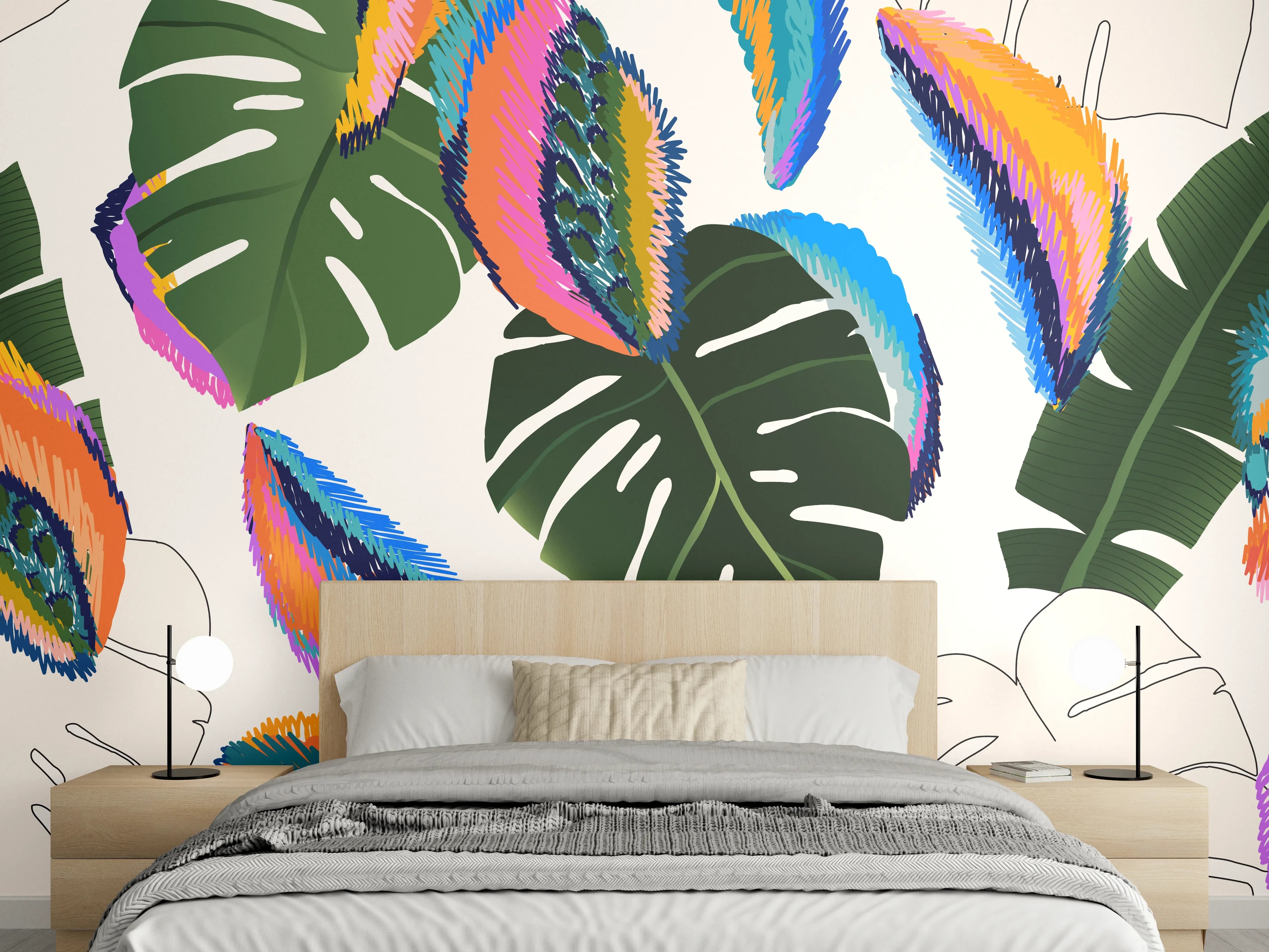 Wandverkleidung Schlafzimmer - Monstera Tropic Bunte Blätter