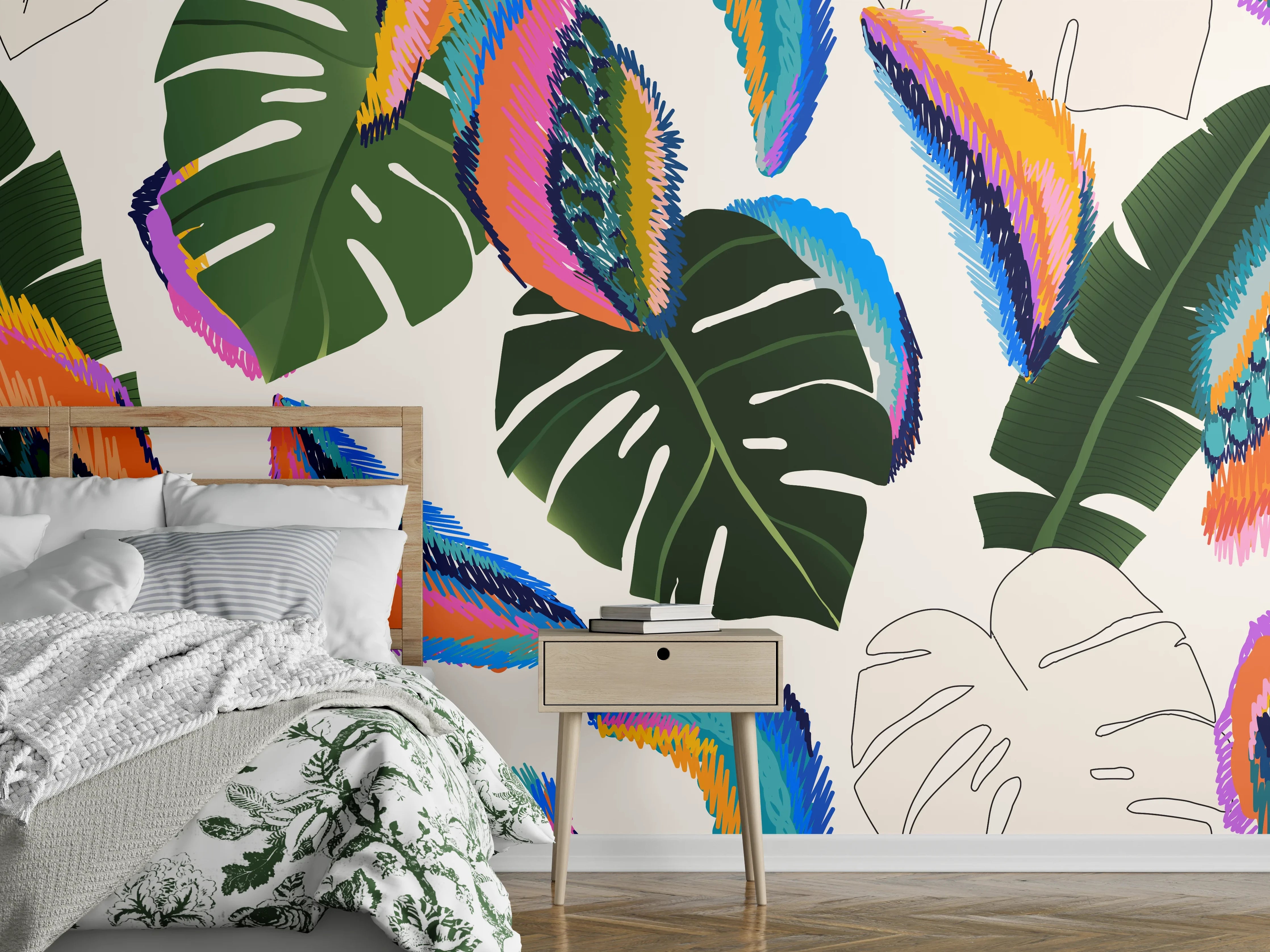 Wandverkleidung Schlafzimmer - Monstera Tropic Bunte Blätter