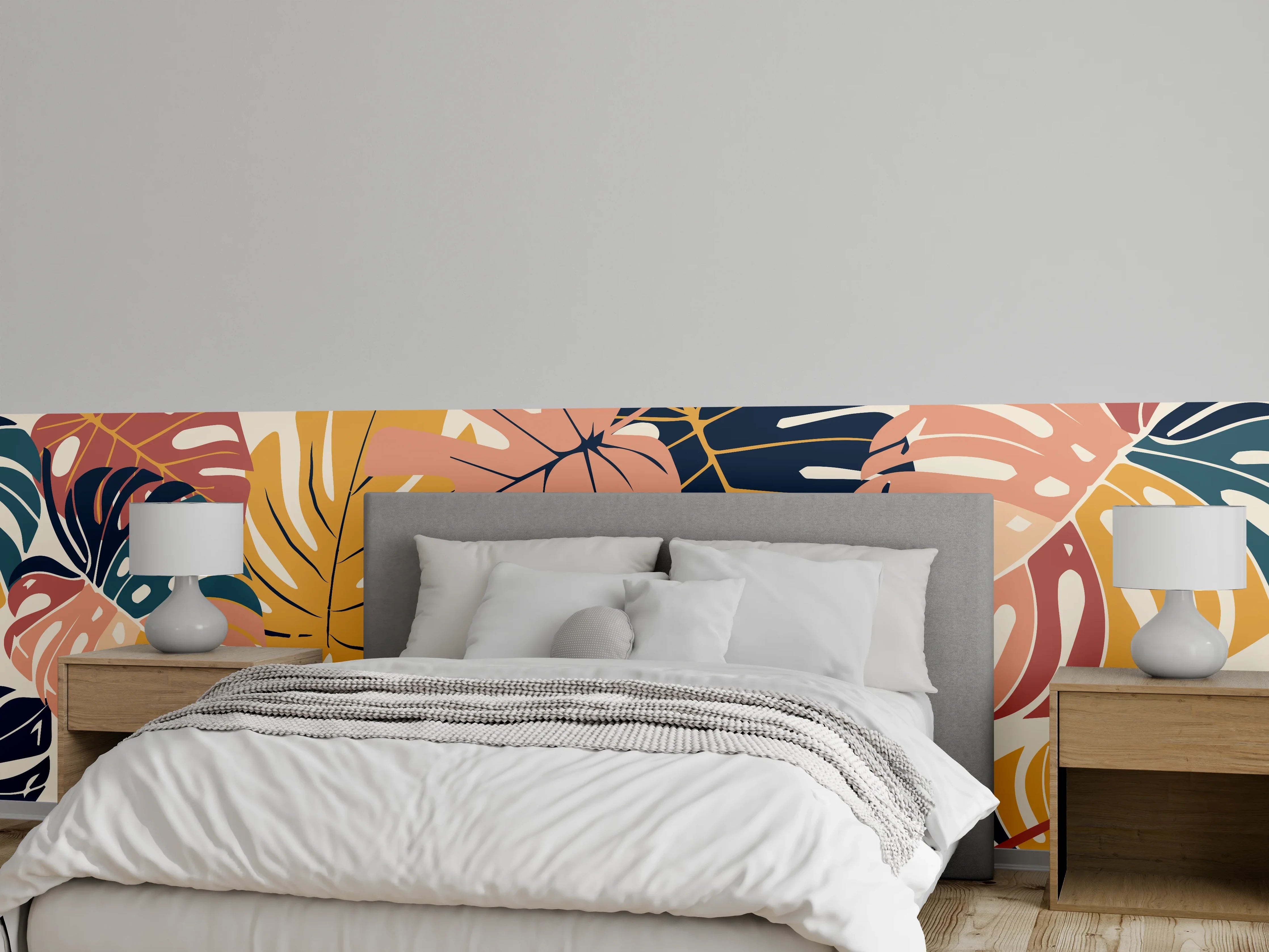 Wandverkleidung Schlafzimmer - Monstera Tropic Koralle Türkis