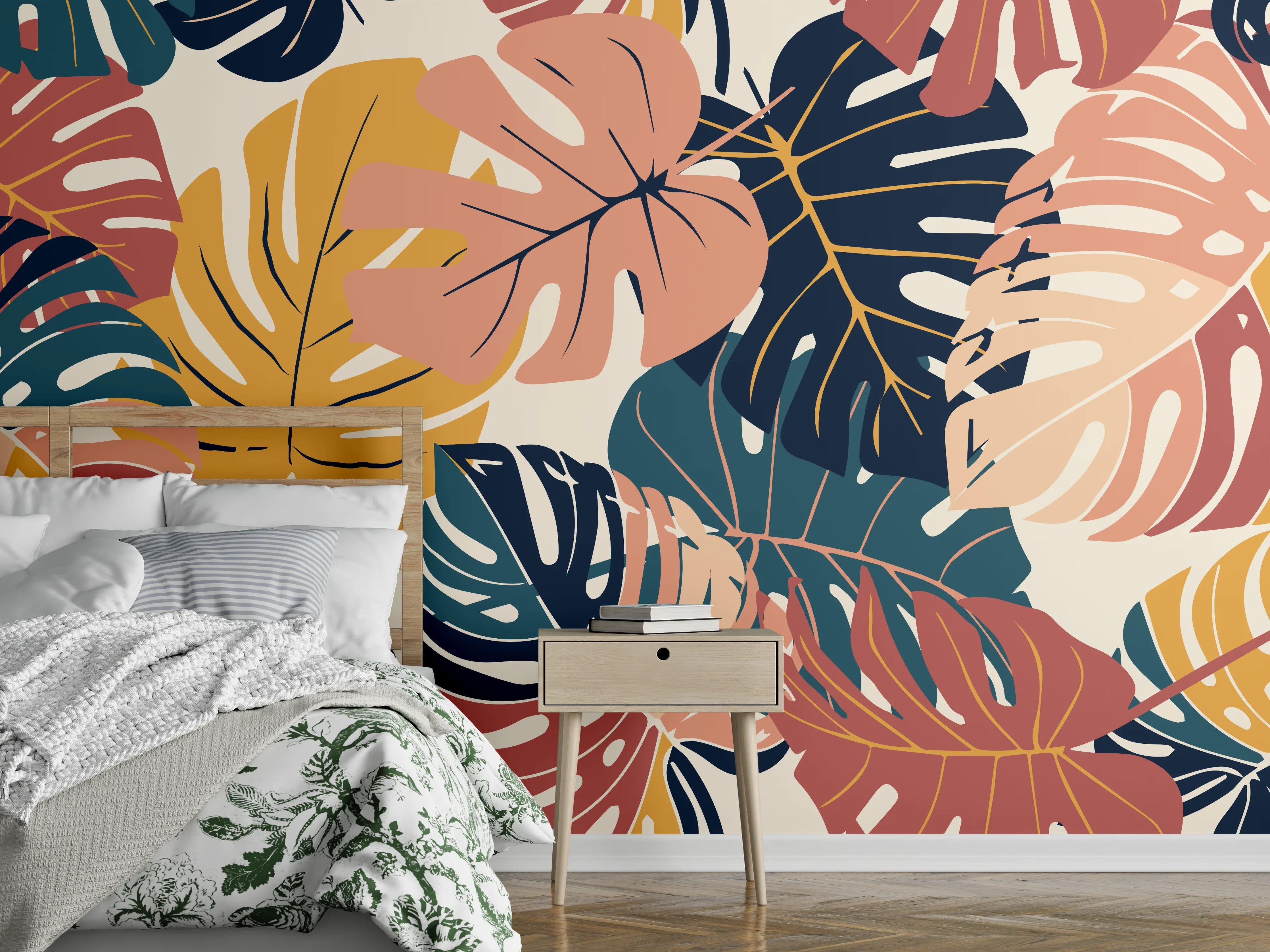 Wandverkleidung Schlafzimmer - Monstera Tropic Koralle Türkis