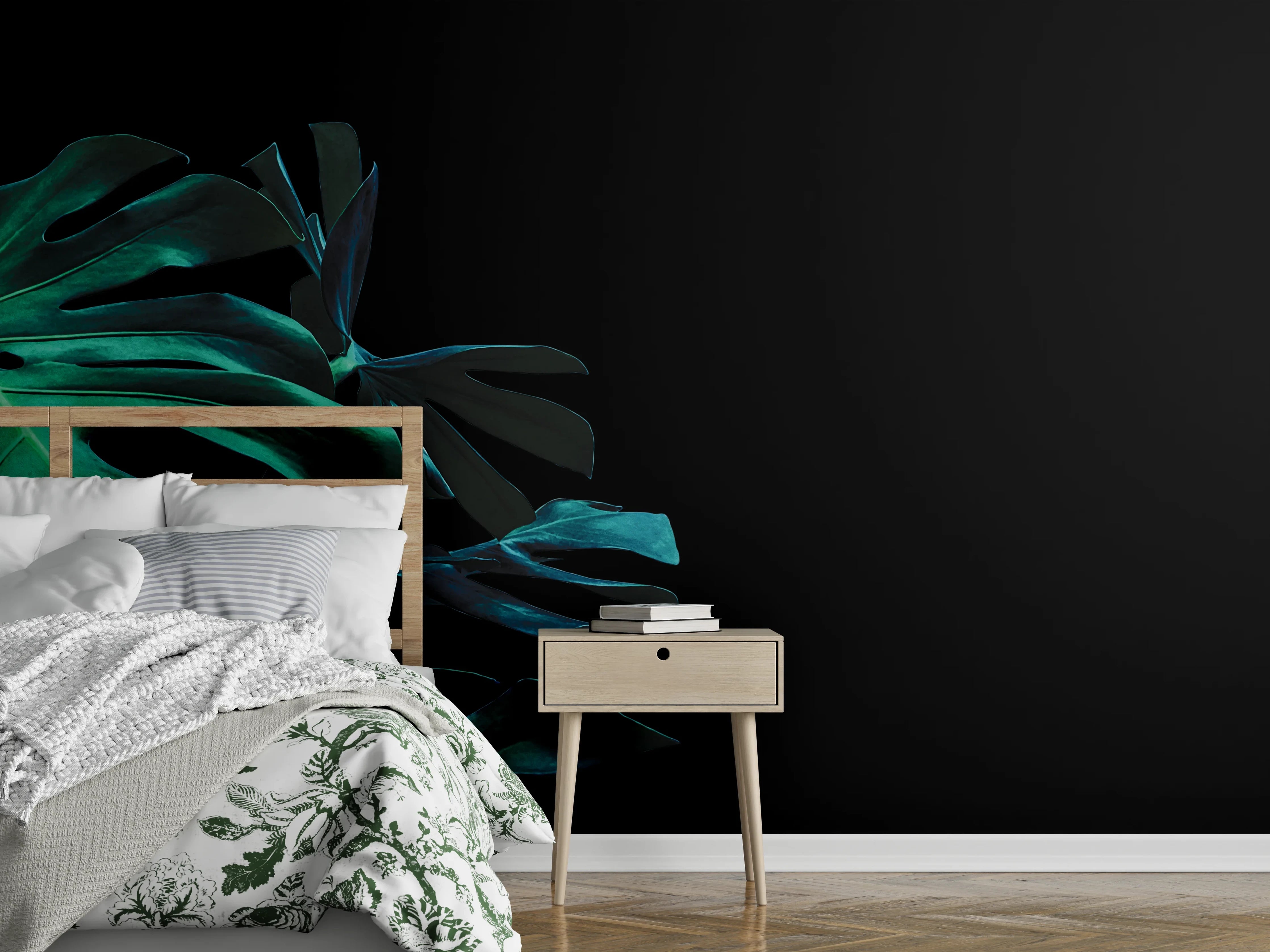 Wandverkleidung Schlafzimmer - Monstera deliciosa - tropische Blätter