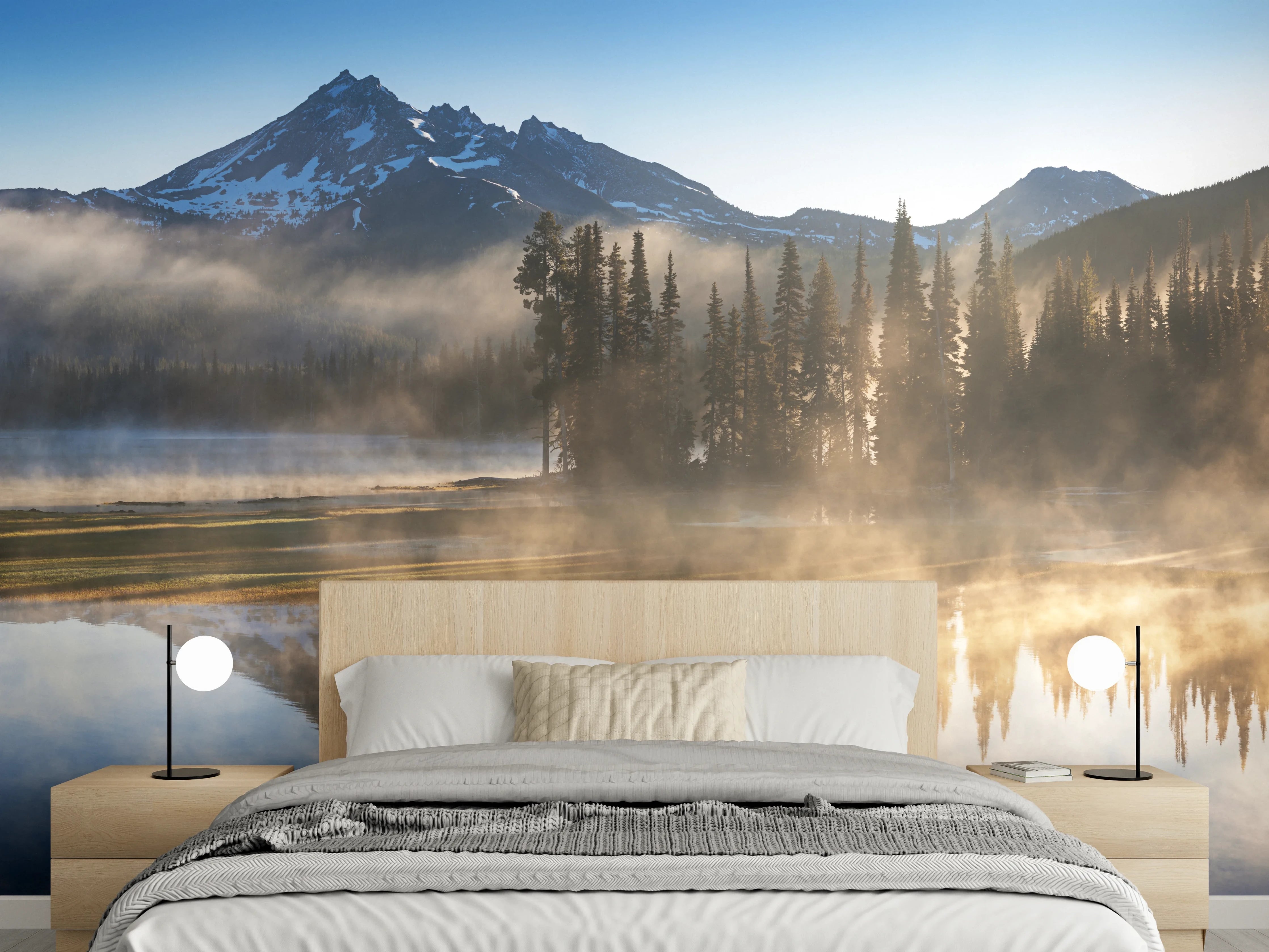 Wandverkleidung Schlafzimmer - Morgendämmerung am Bergsee Panorama