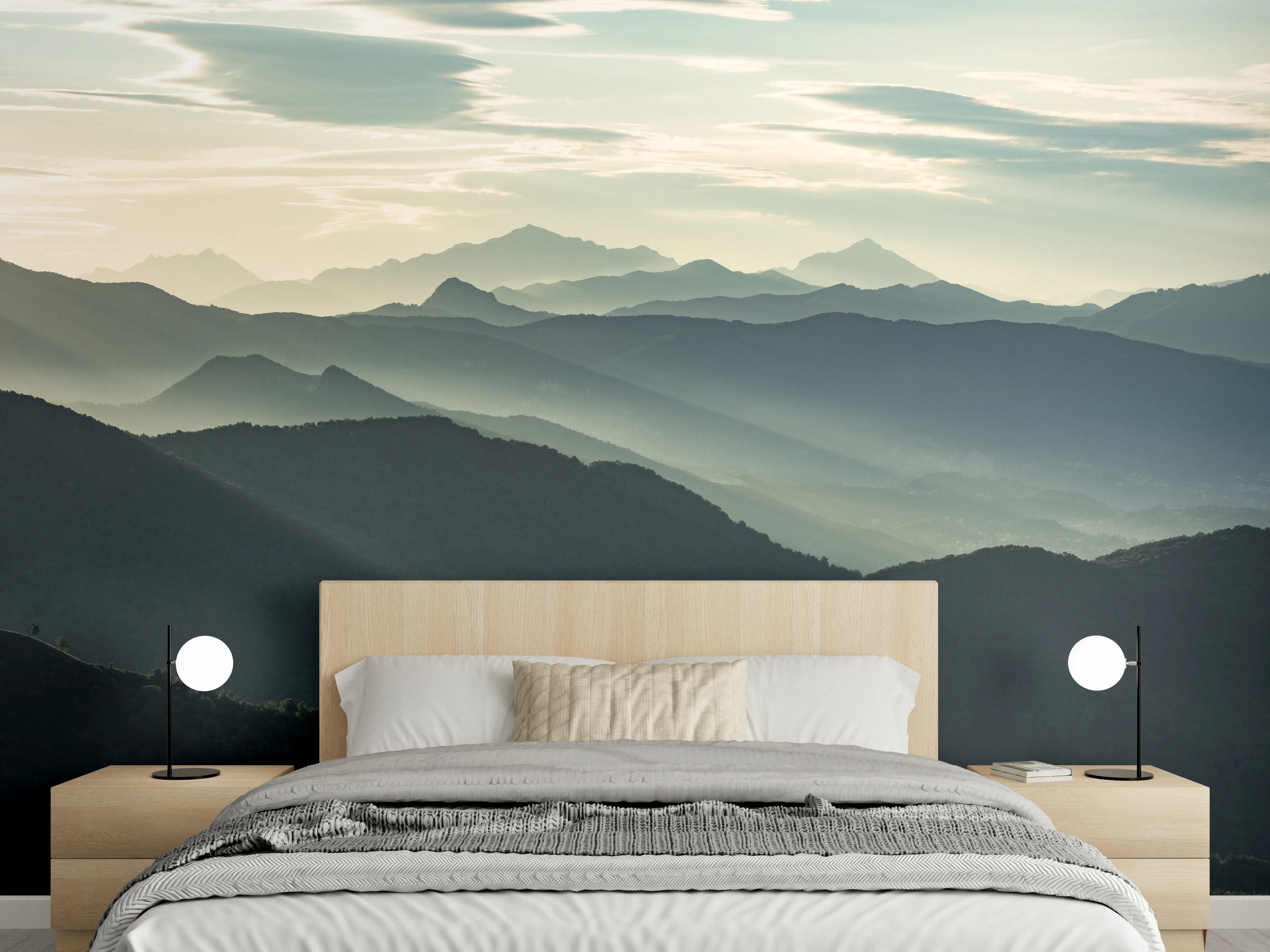 Wandverkleidung Schlafzimmer - Morgennebel über den Bergen Panorama