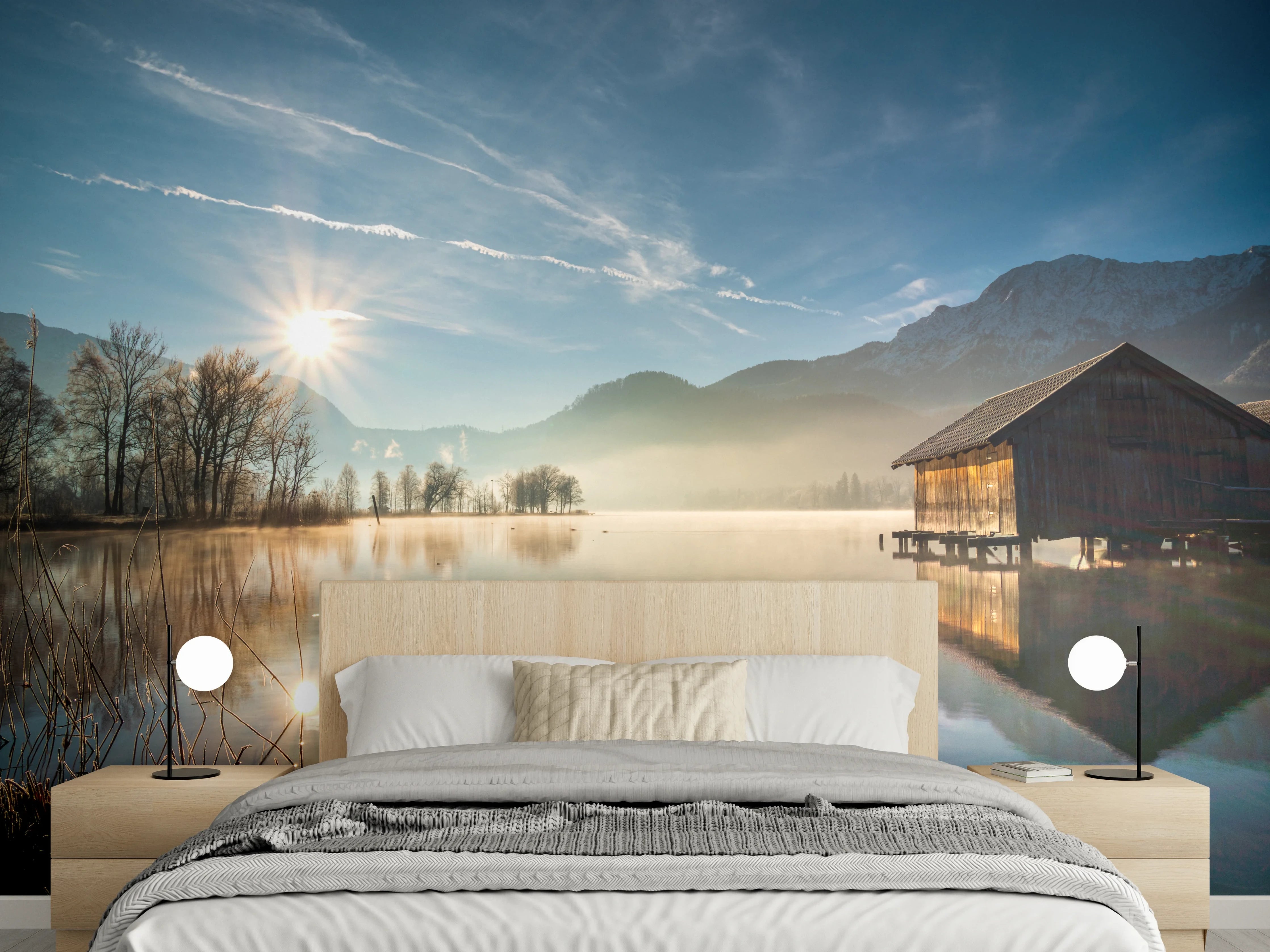 Wandverkleidung Schlafzimmer - Morgensonne am Bergsee – Idylle pur