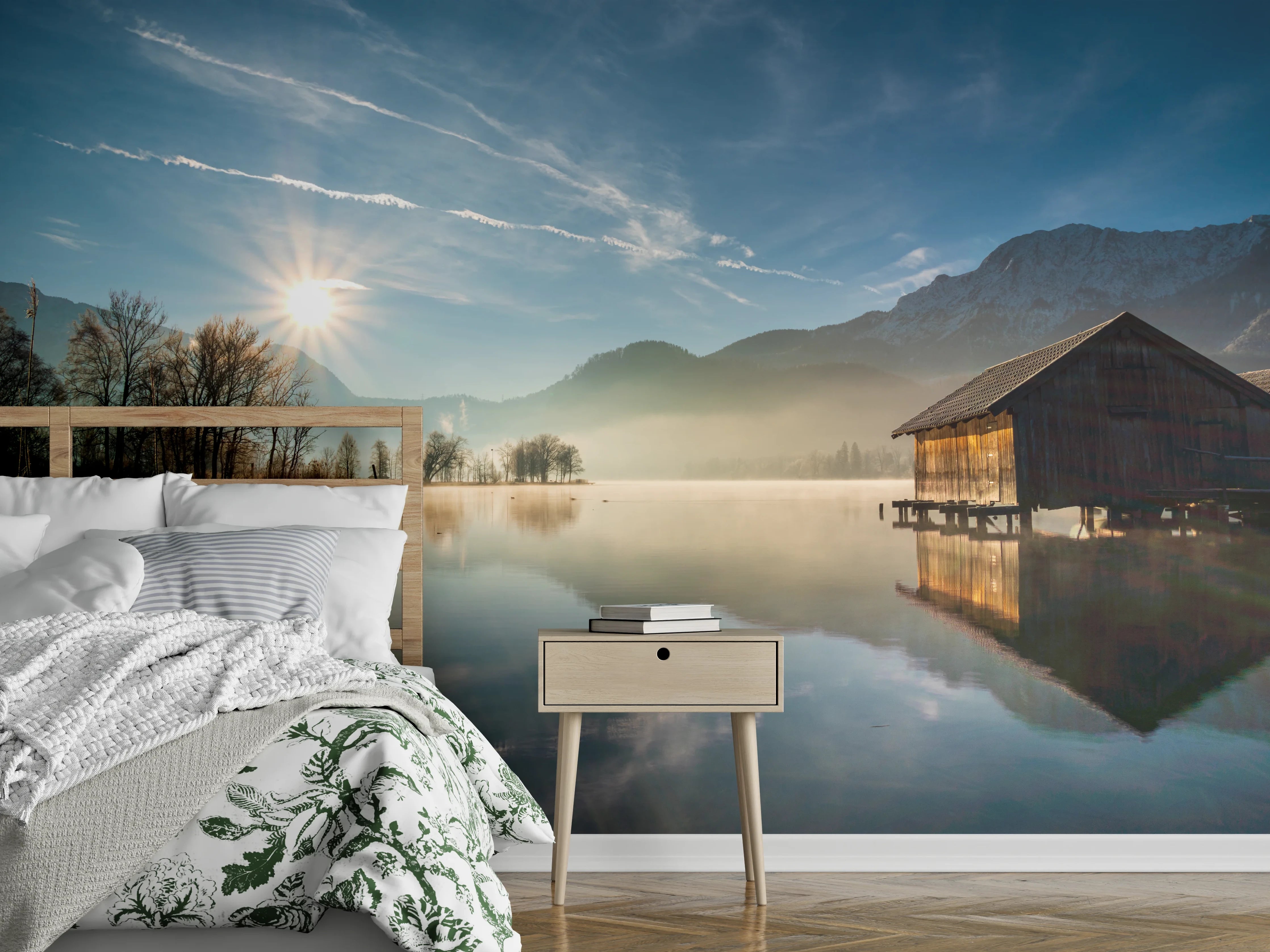 Wandverkleidung Schlafzimmer - Morgensonne am Bergsee – Idylle pur