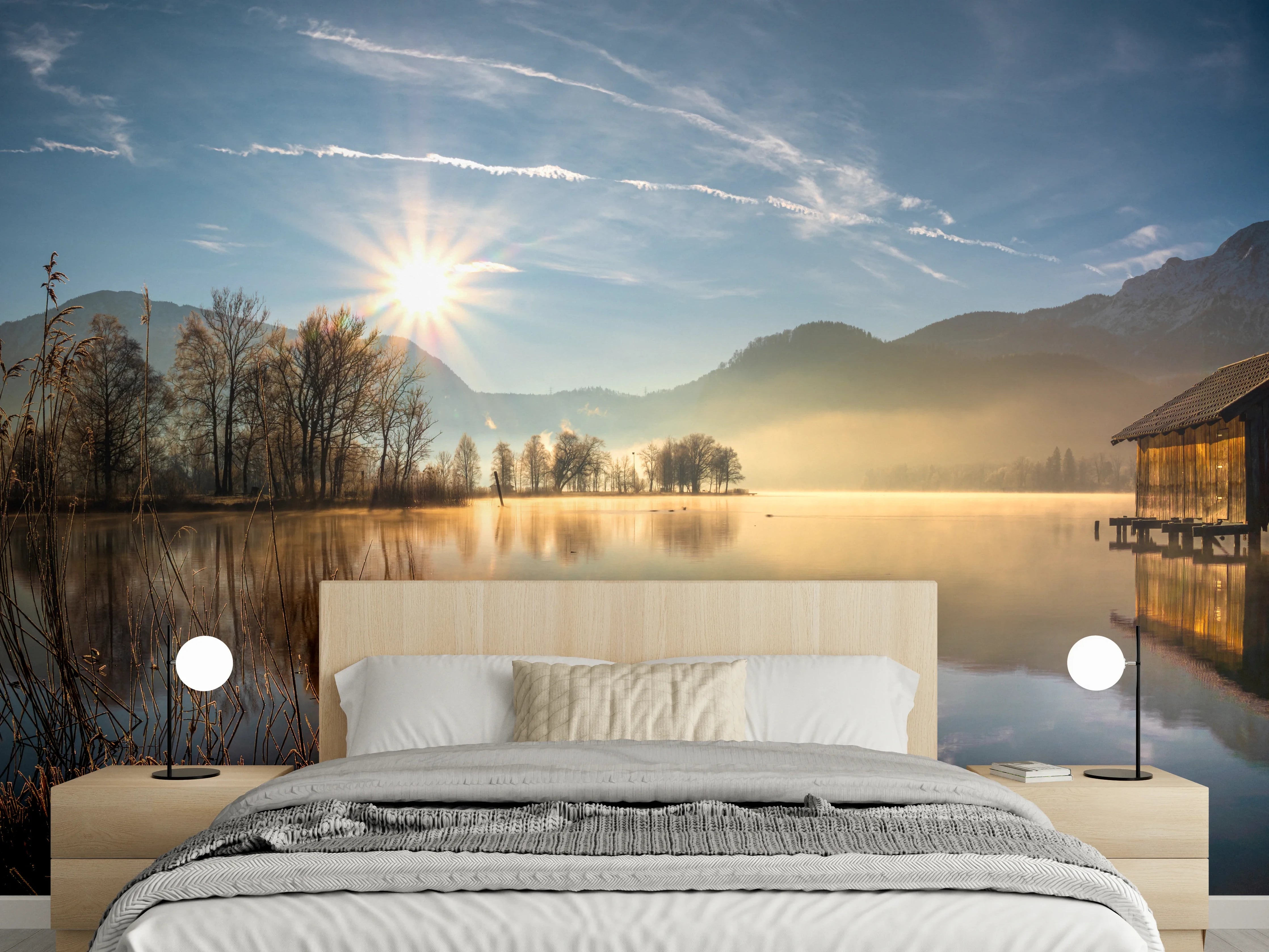Wandverkleidung Schlafzimmer - Morgensonnenblick auf den Bayerischen Kochelsee