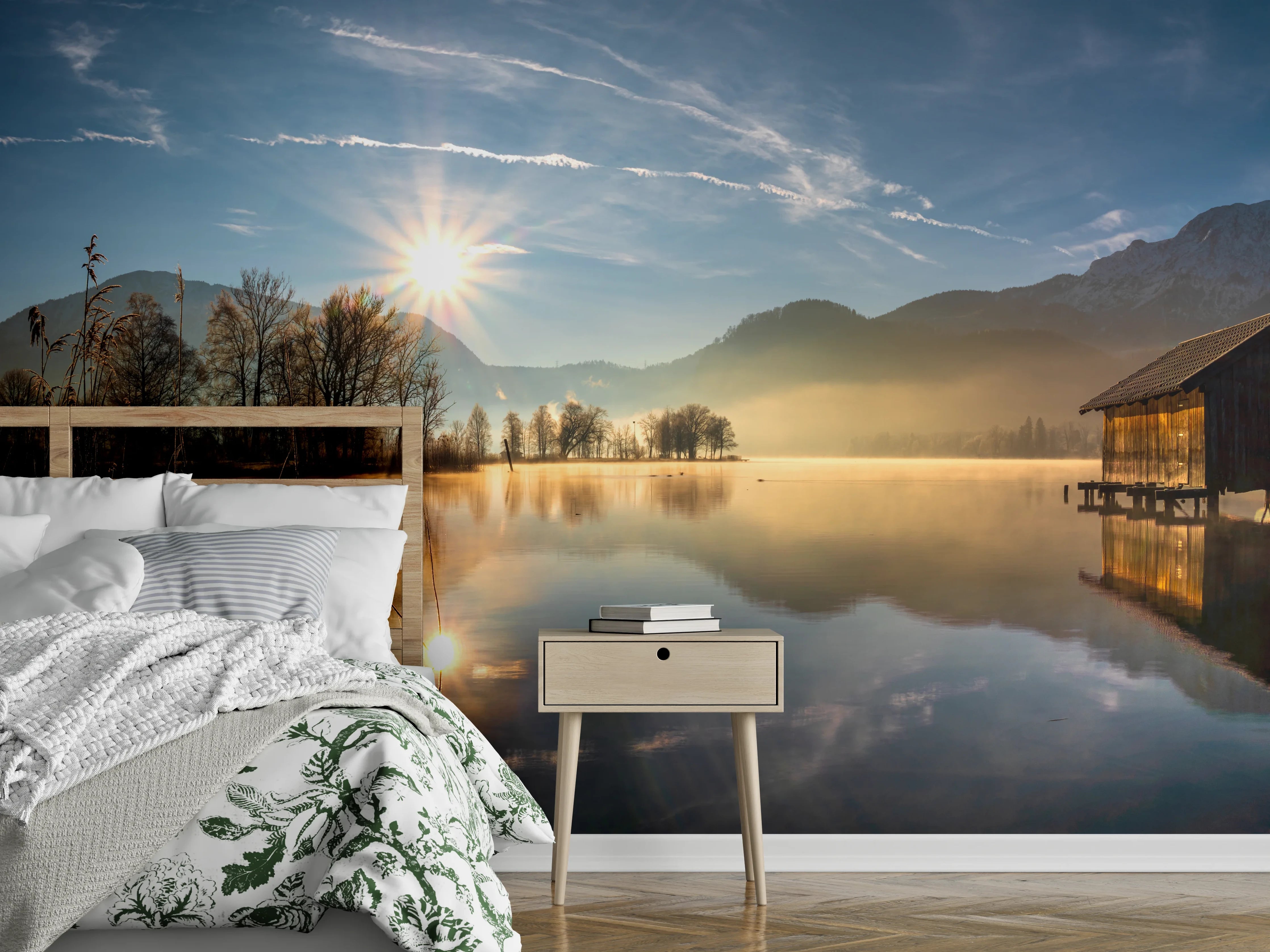 Wandverkleidung Schlafzimmer - Morgensonnenblick auf den Bayerischen Kochelsee