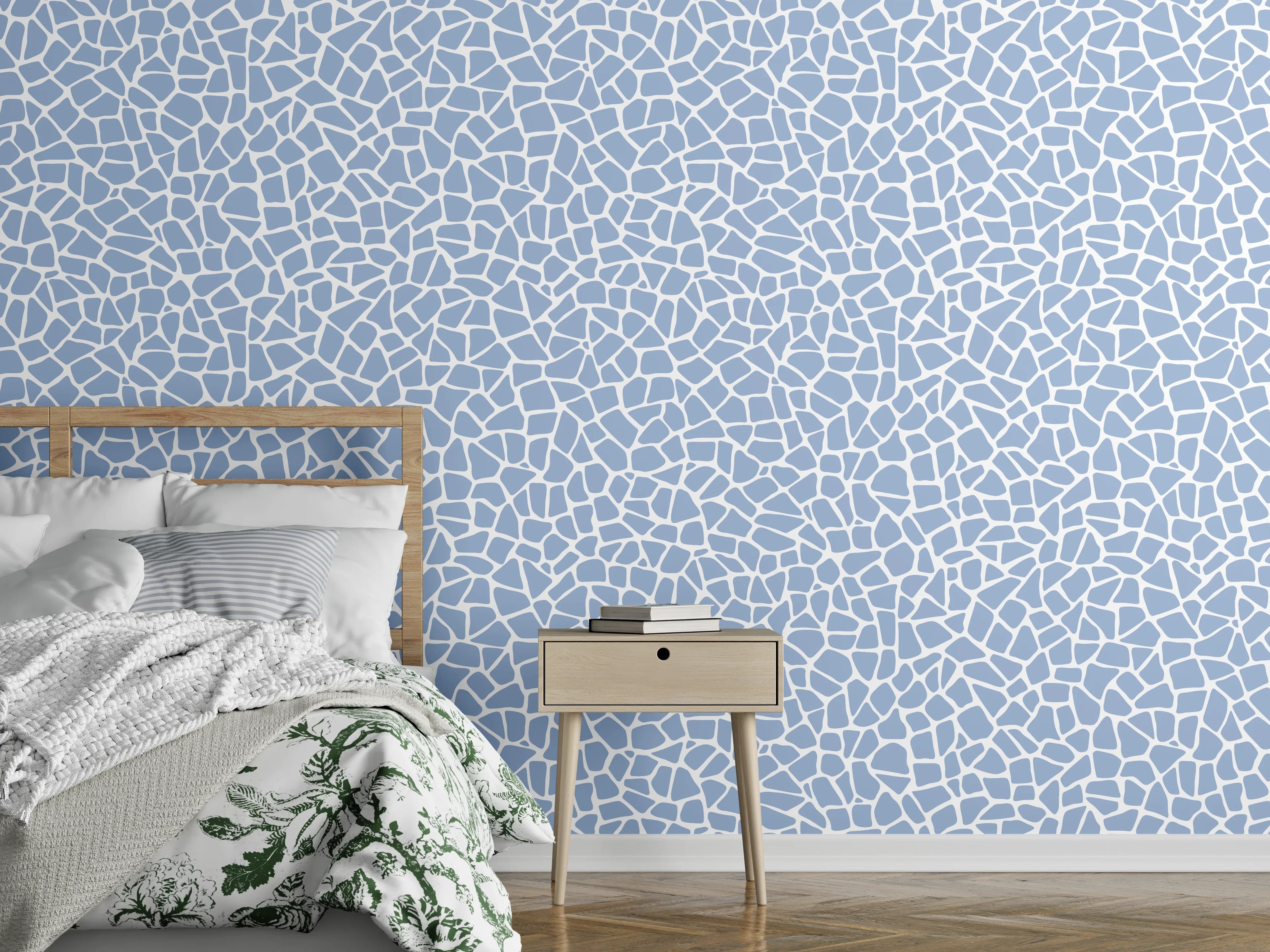 Wandverkleidung Schlafzimmer - Mosaikmuster in Hellblau und Weiß