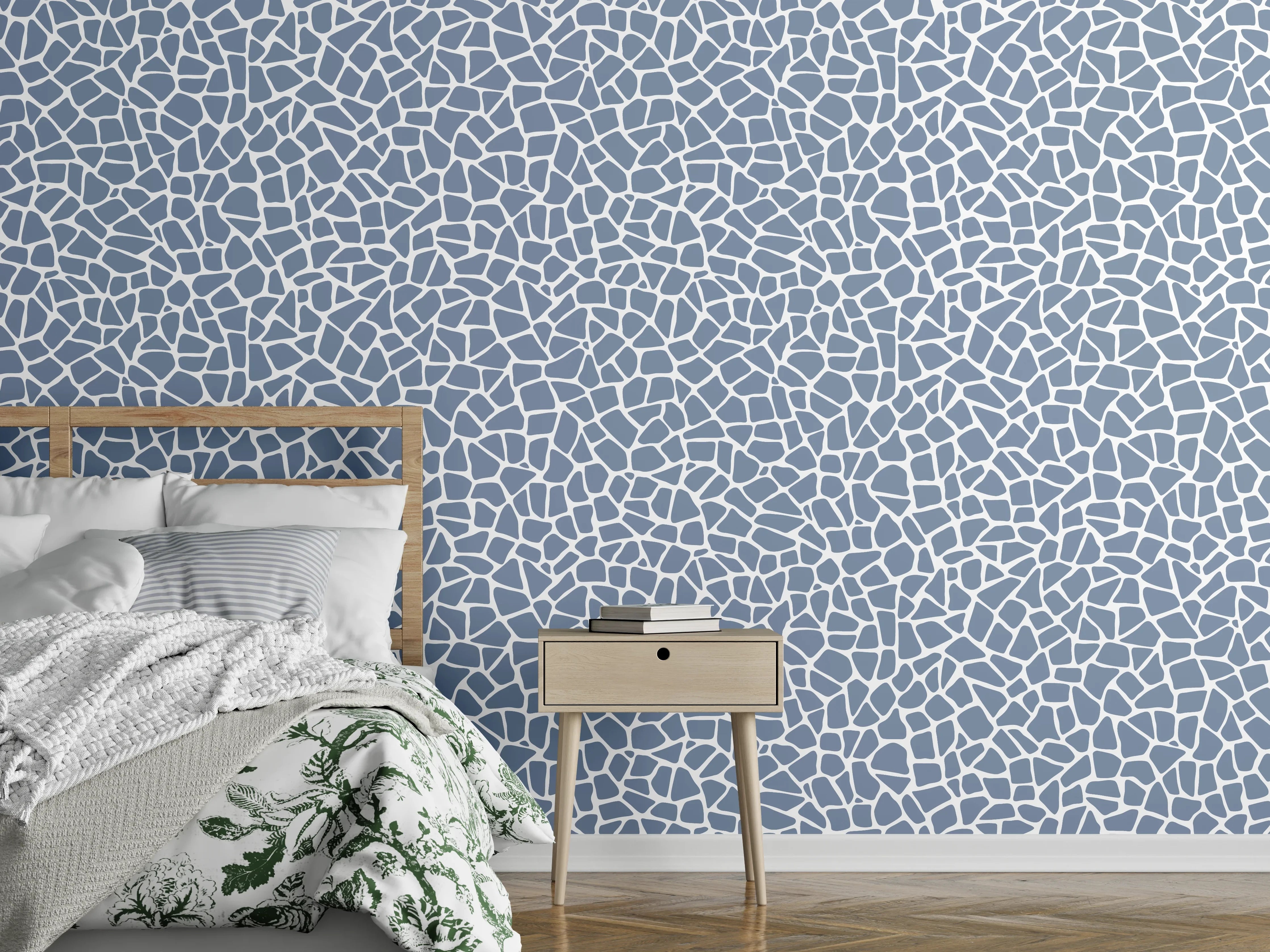 Wandverkleidung Schlafzimmer - Mosaikstruktur in Blau-Grau Weißoptik