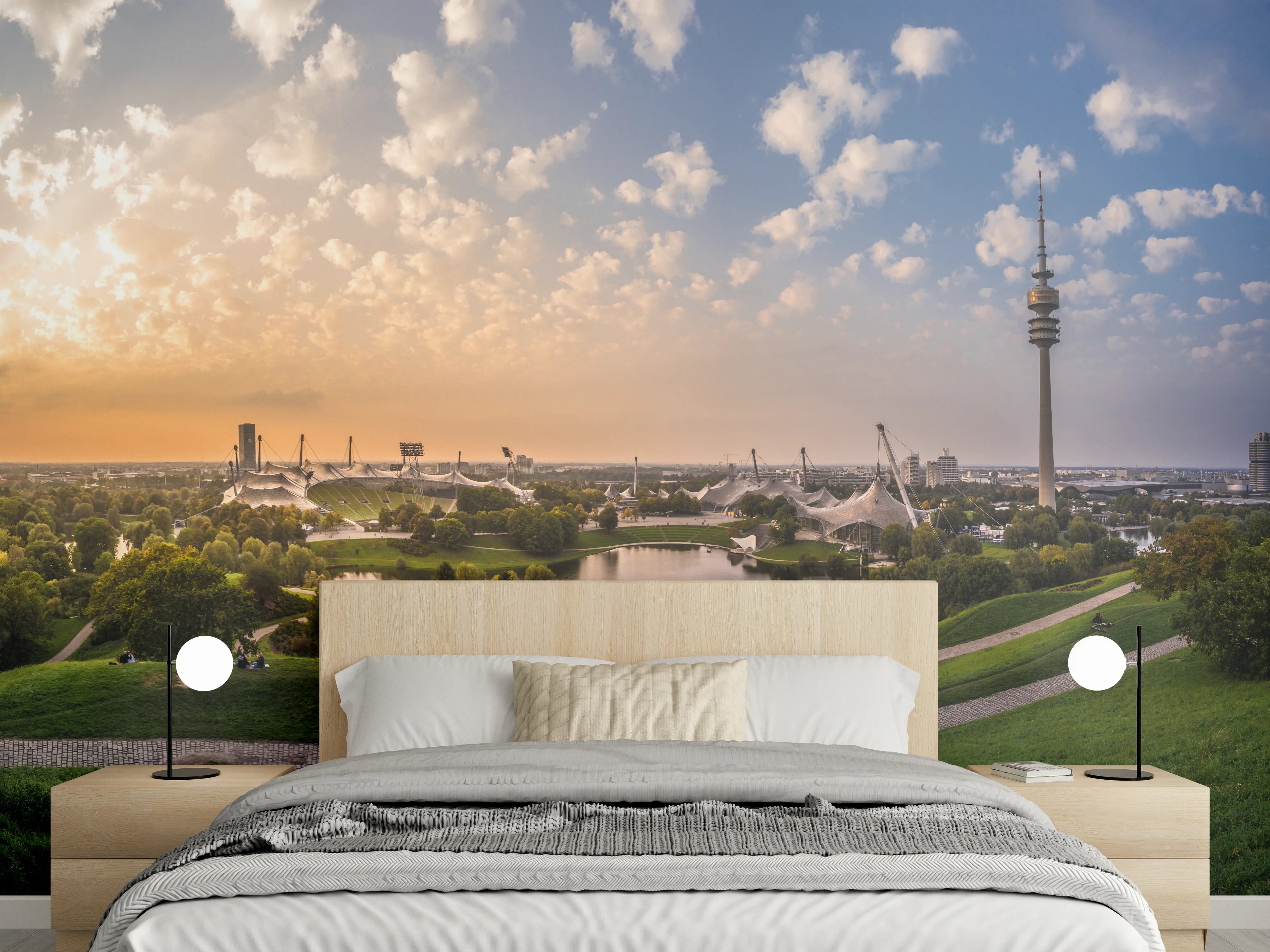Wandverkleidung Schlafzimmer - München Olympiaberg mit Sonnenuntergang