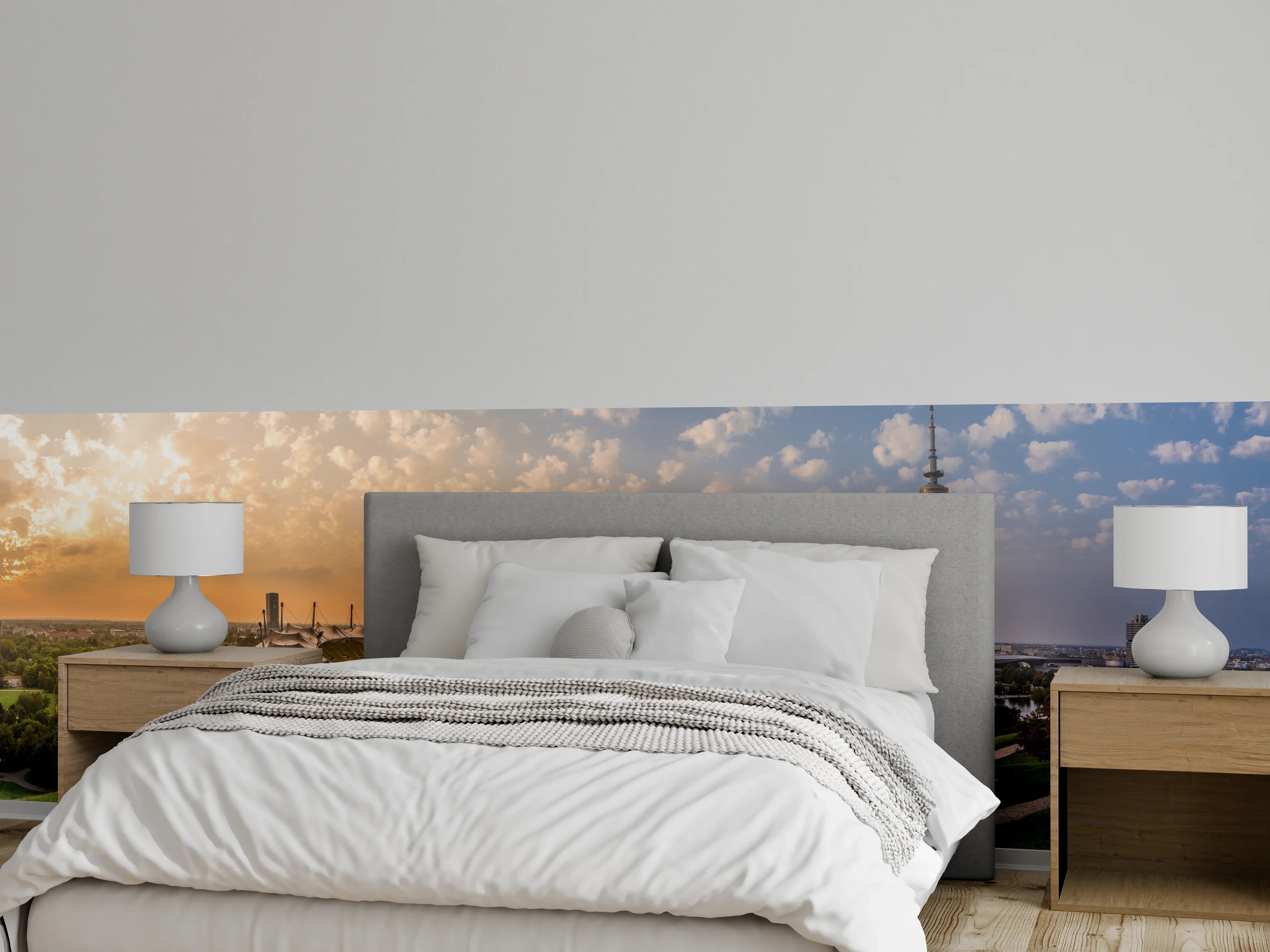 Wandverkleidung Schlafzimmer - München Olympiaberg mit Sonnenuntergang