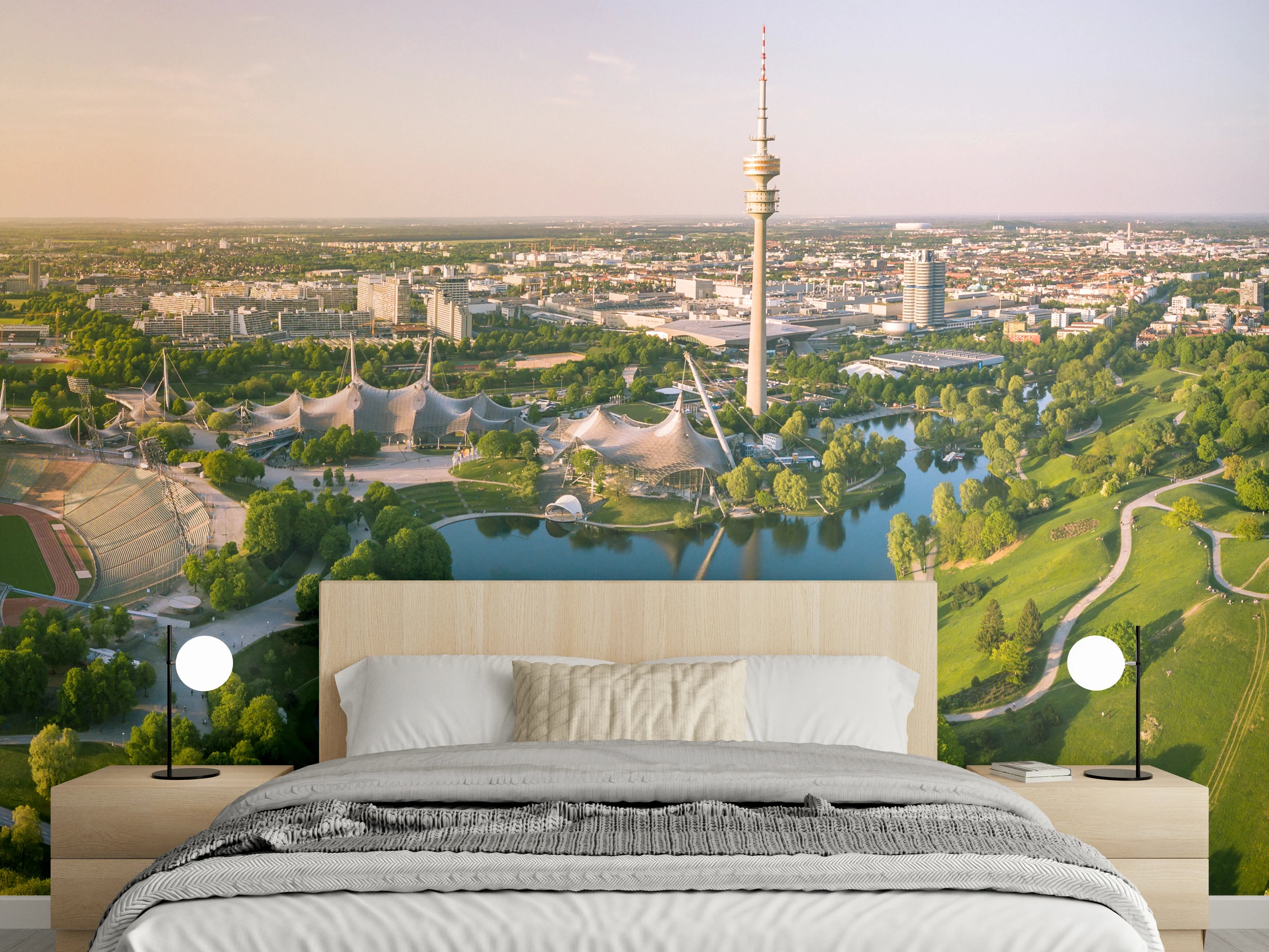 Wandverkleidung Schlafzimmer - Münchens Olympiapark Panorama Landschaft