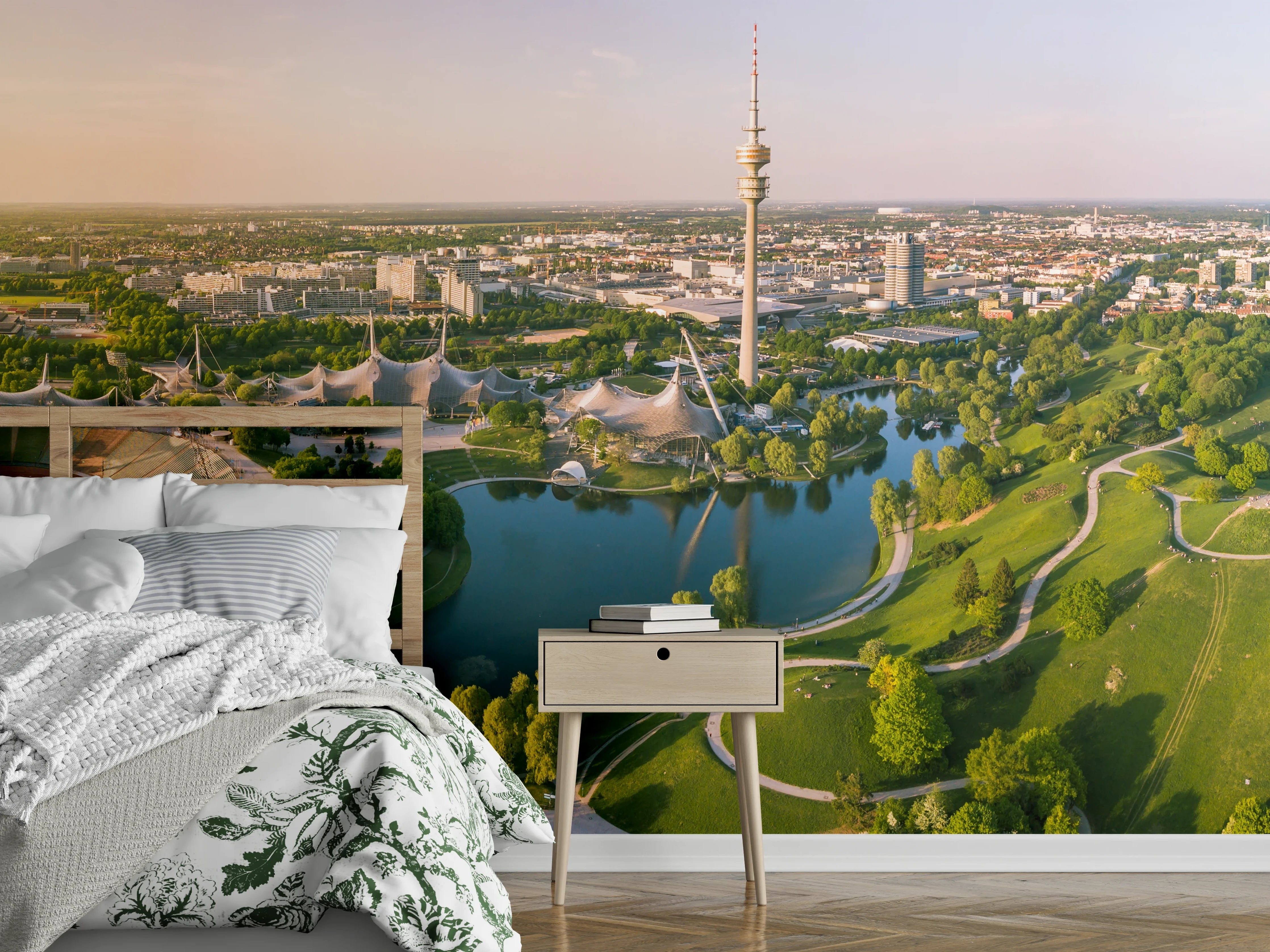 Wandverkleidung Schlafzimmer - Münchens Olympiapark Panorama Landschaft