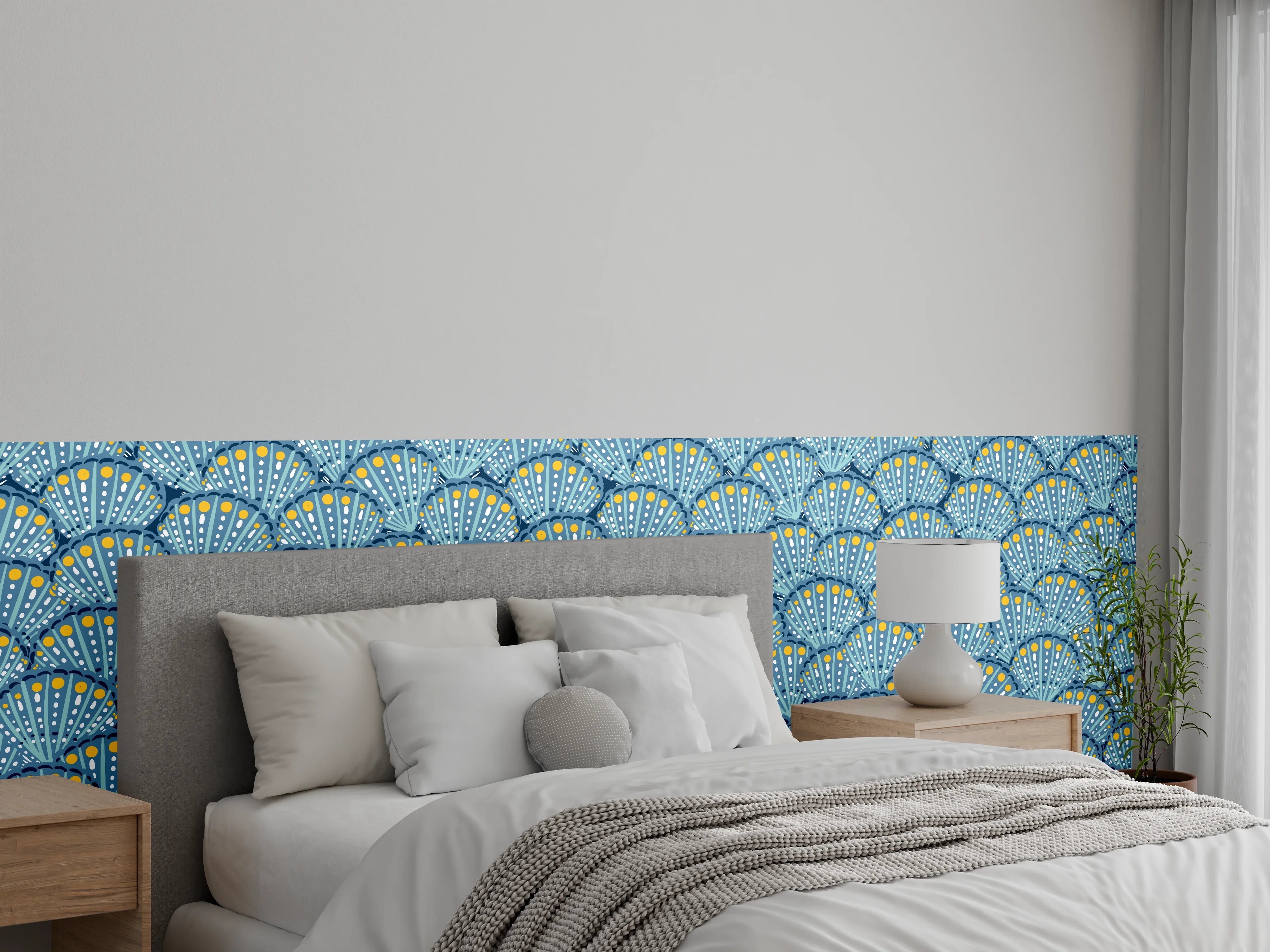 Wandverkleidung Schlafzimmer - Muschel-Muster Blau-Gelb
