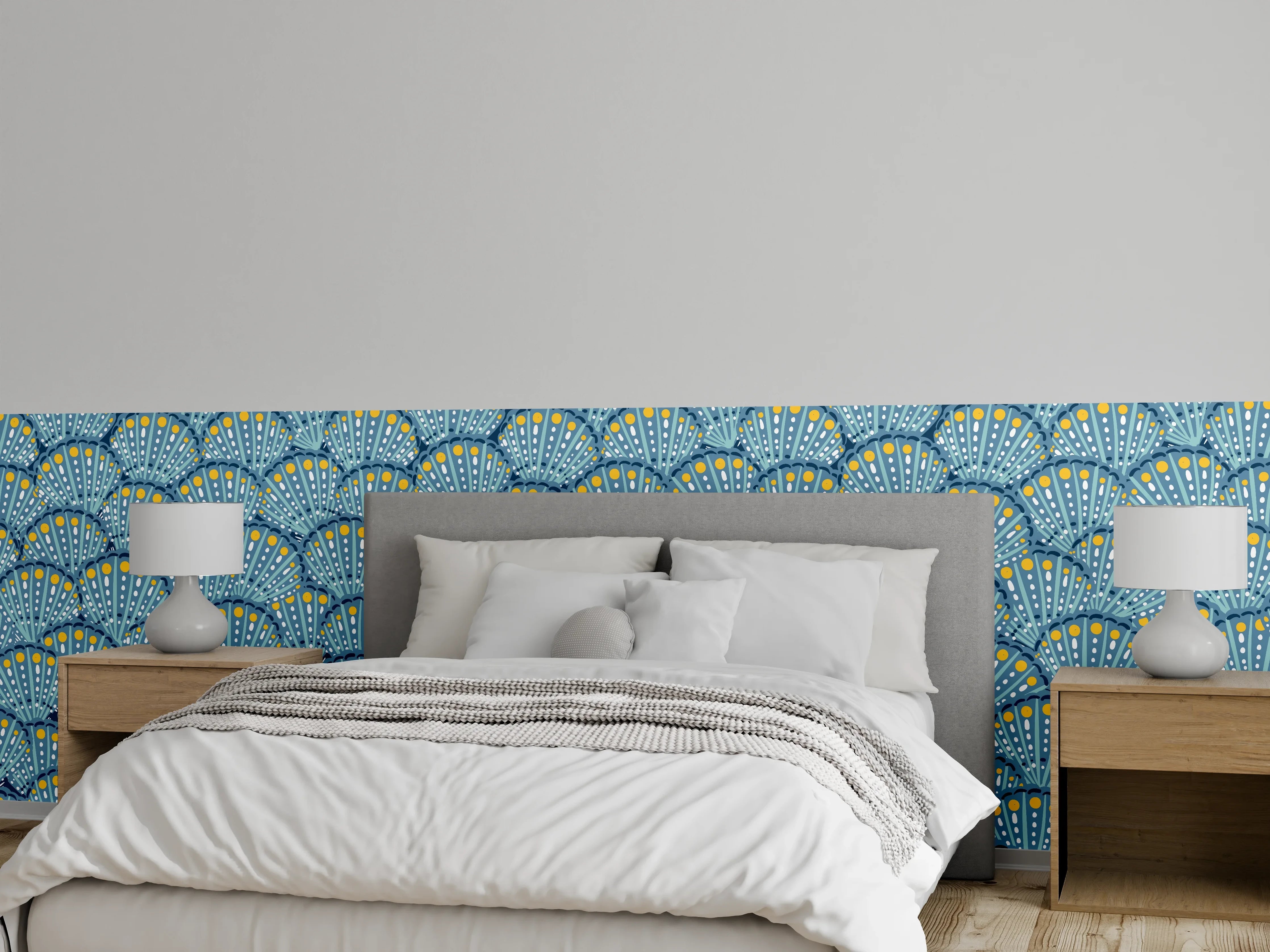 Wandverkleidung Schlafzimmer - Muschel-Muster Blau-Gelb