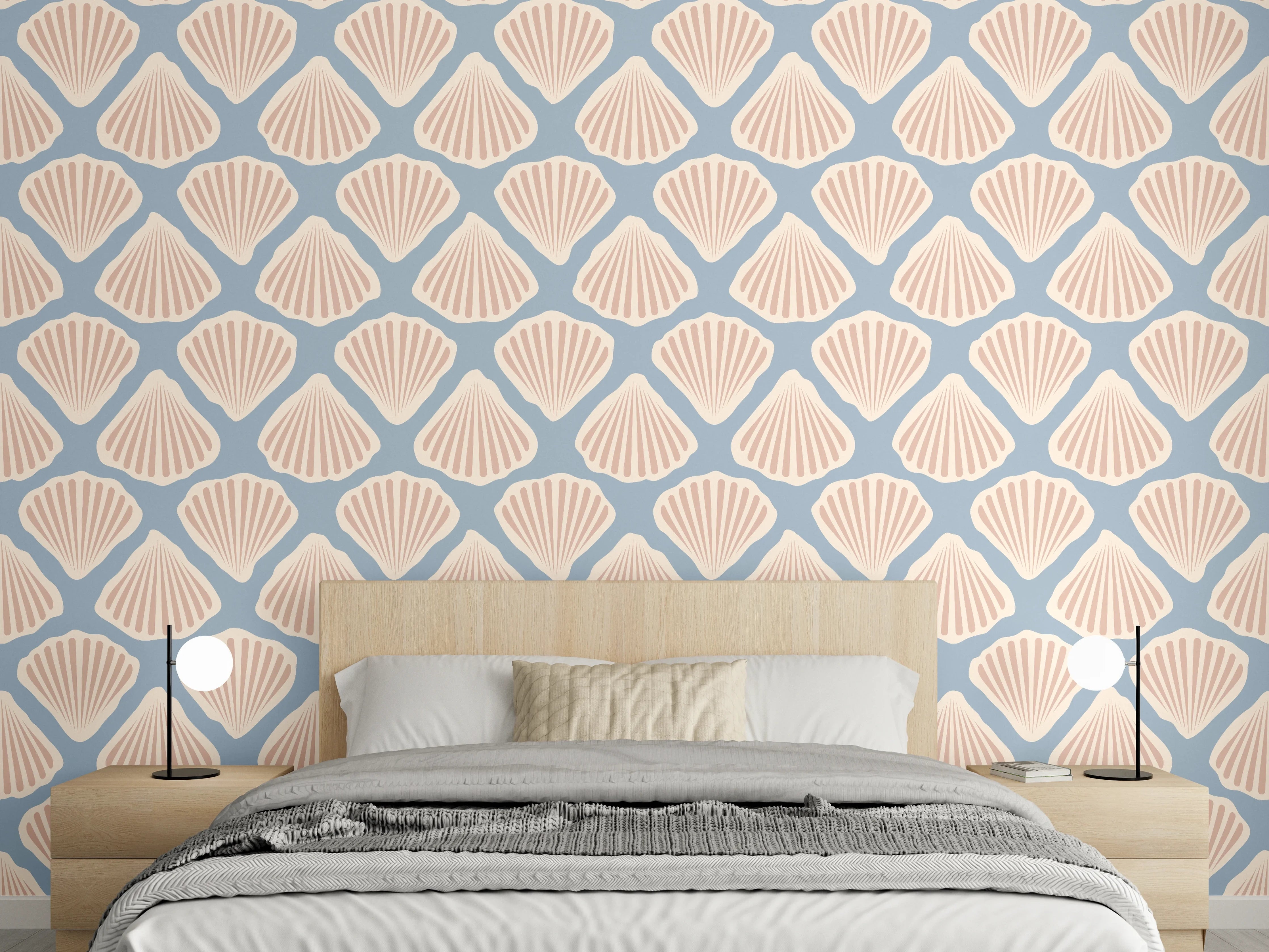 Wandverkleidung Schlafzimmer - Muschel-Muster Türkis-Beige Tapete