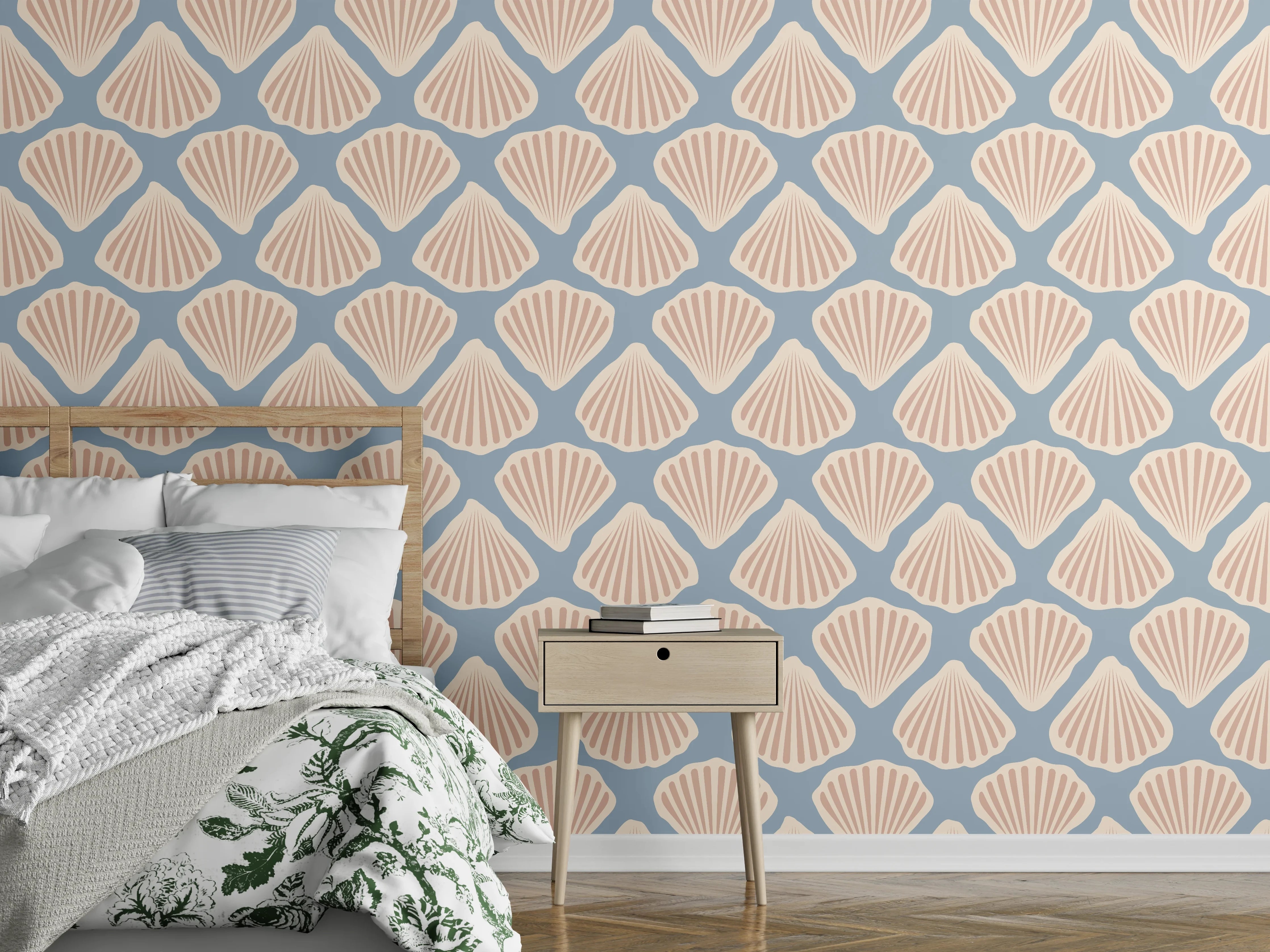 Wandverkleidung Schlafzimmer - Muschel-Muster Türkis-Beige Tapete
