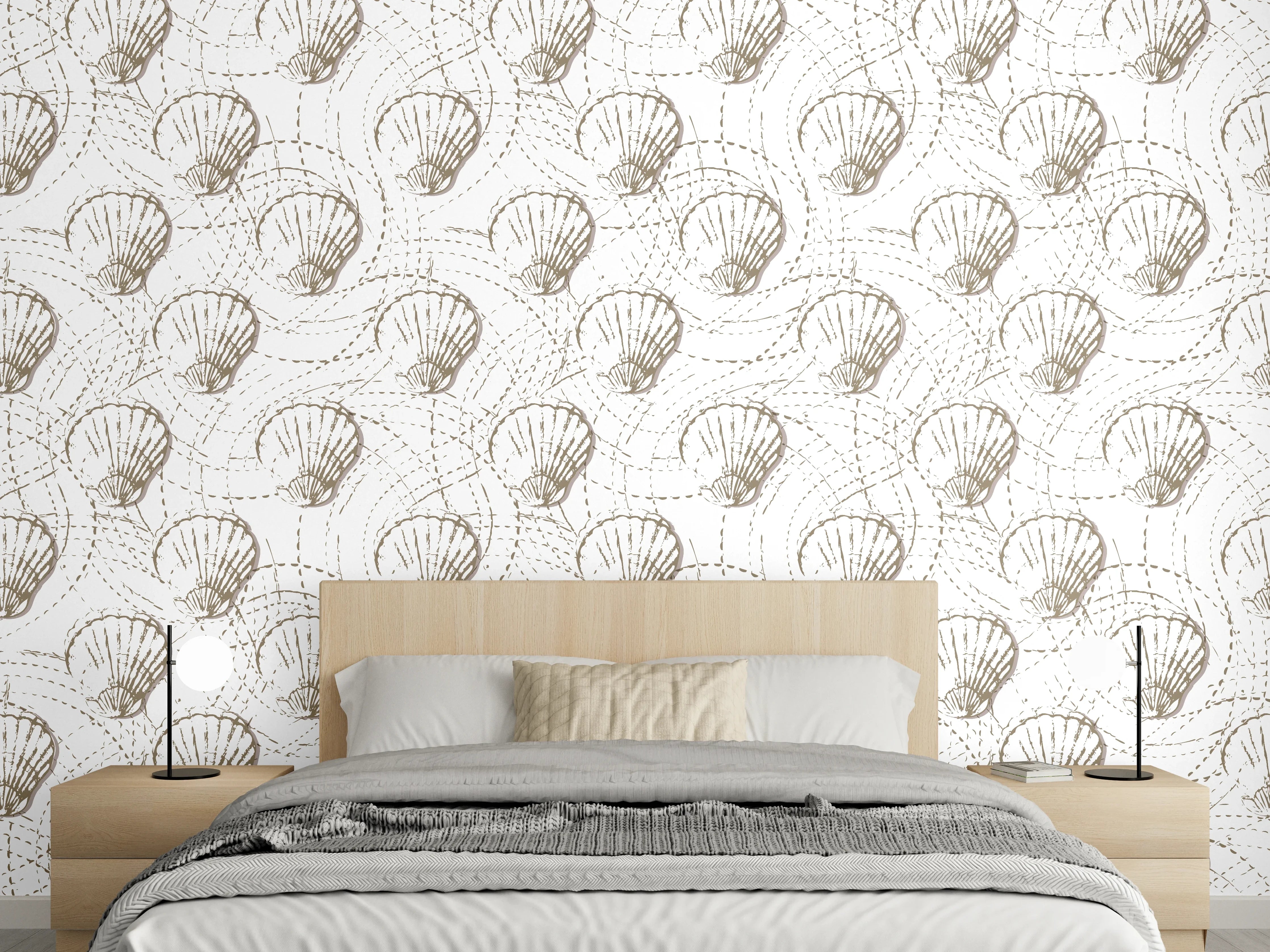 Wandverkleidung Schlafzimmer - Muschel-Muster Weiß-Beige