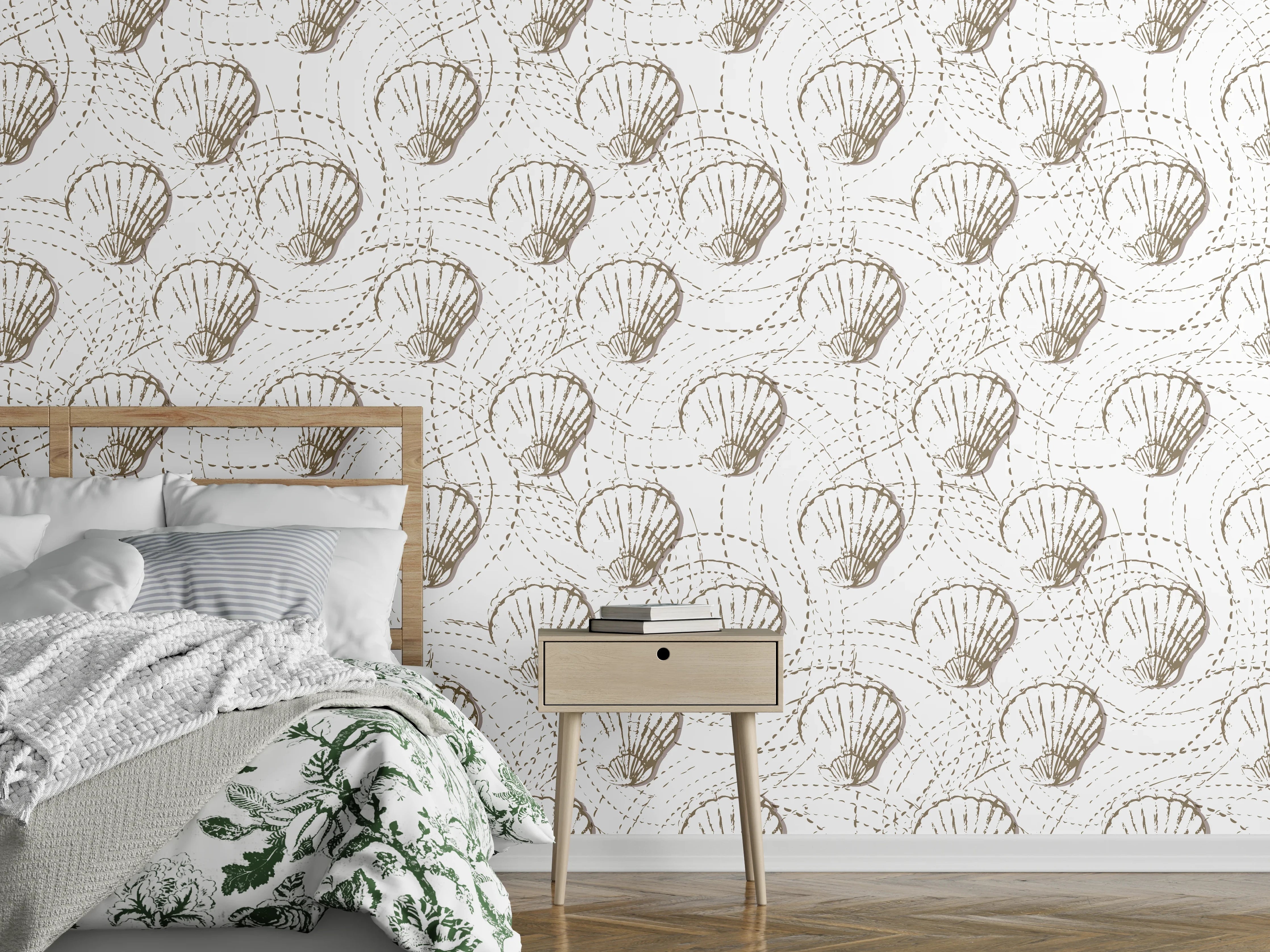 Wandverkleidung Schlafzimmer - Muschel-Muster Weiß-Beige