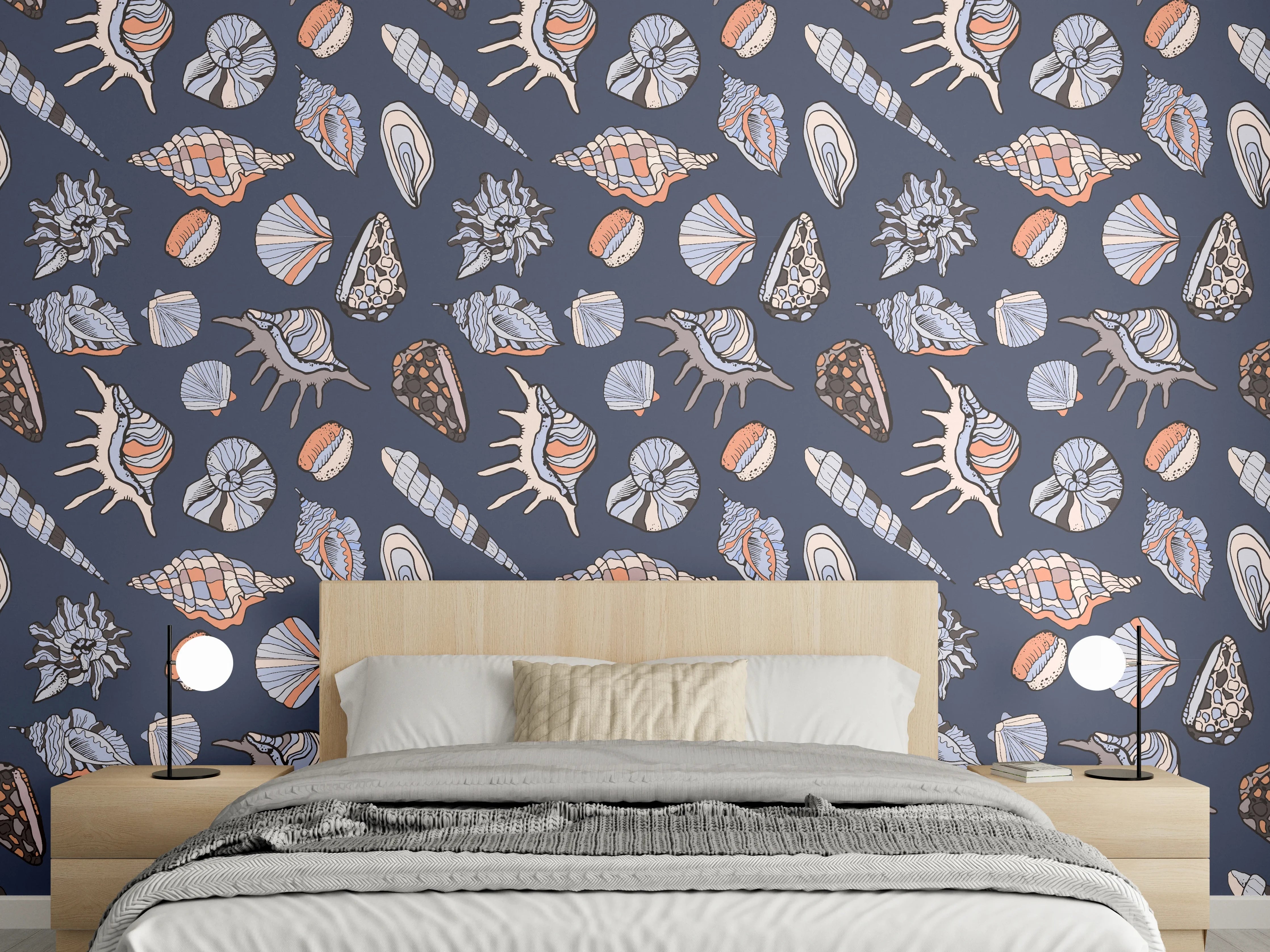 Wandverkleidung Schlafzimmer - Muschelmuster Navy Beige Orange