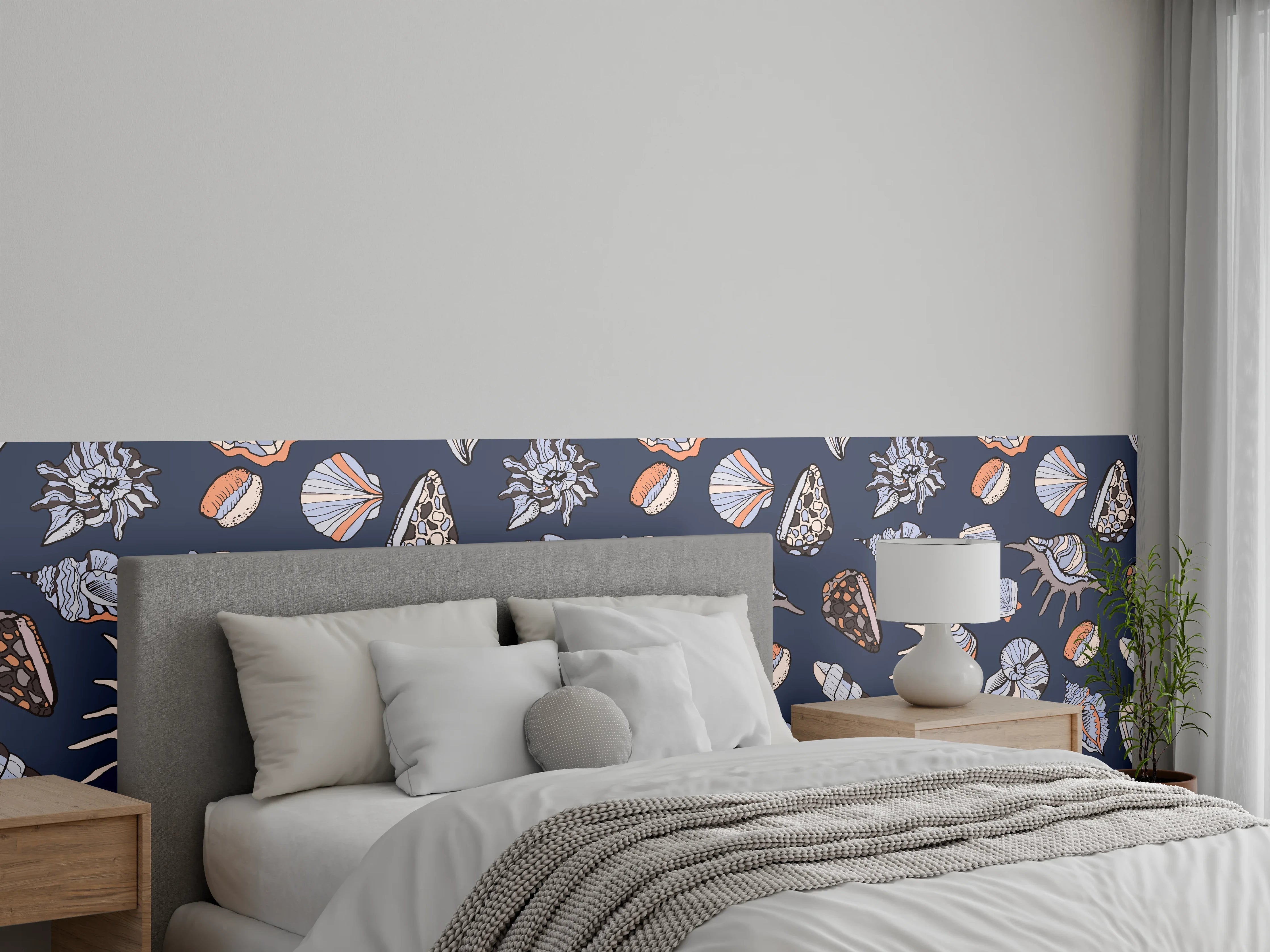 Wandverkleidung Schlafzimmer - Muschelmuster Navy Beige Orange