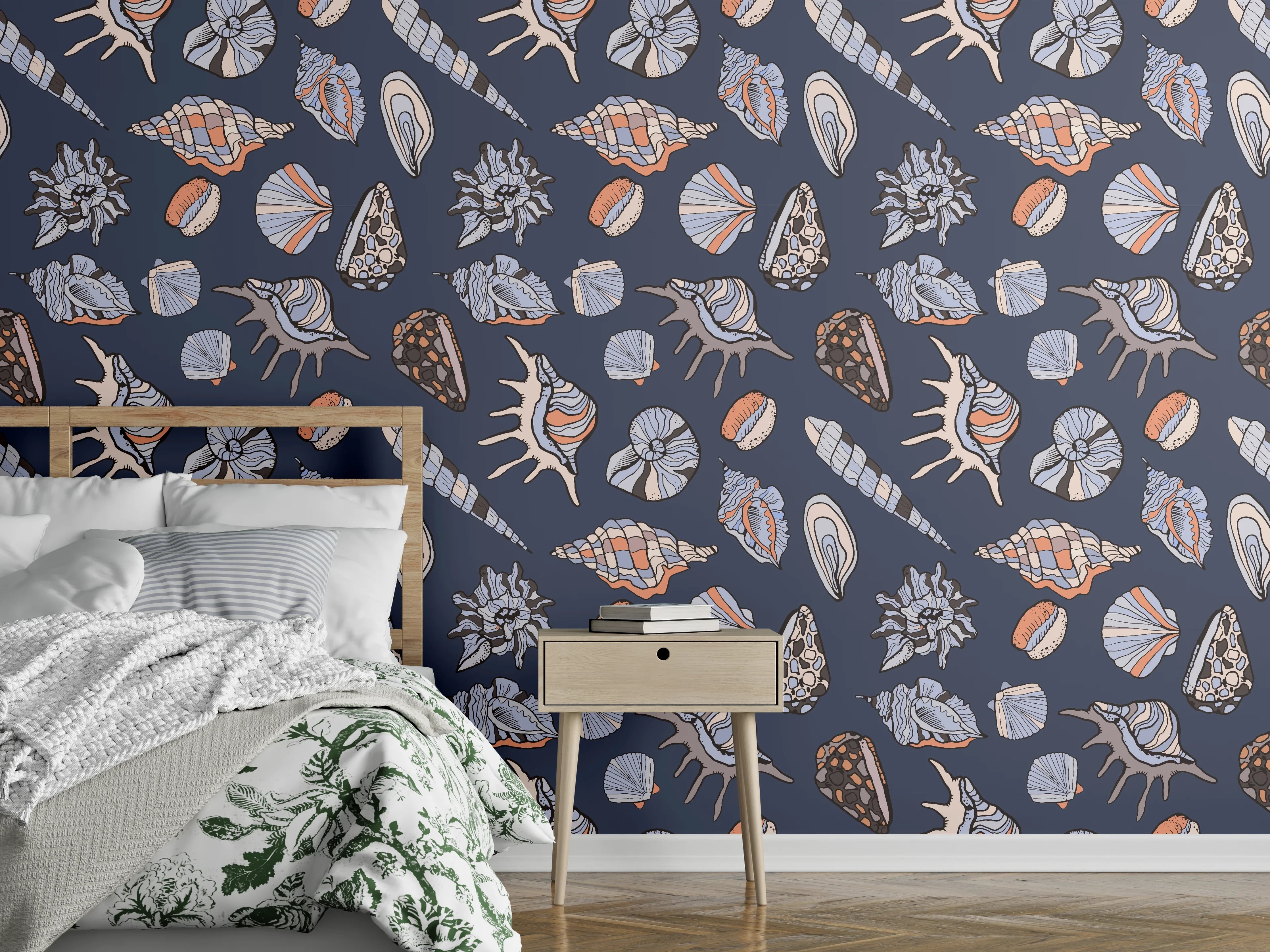 Wandverkleidung Schlafzimmer - Muschelmuster Navy Beige Orange