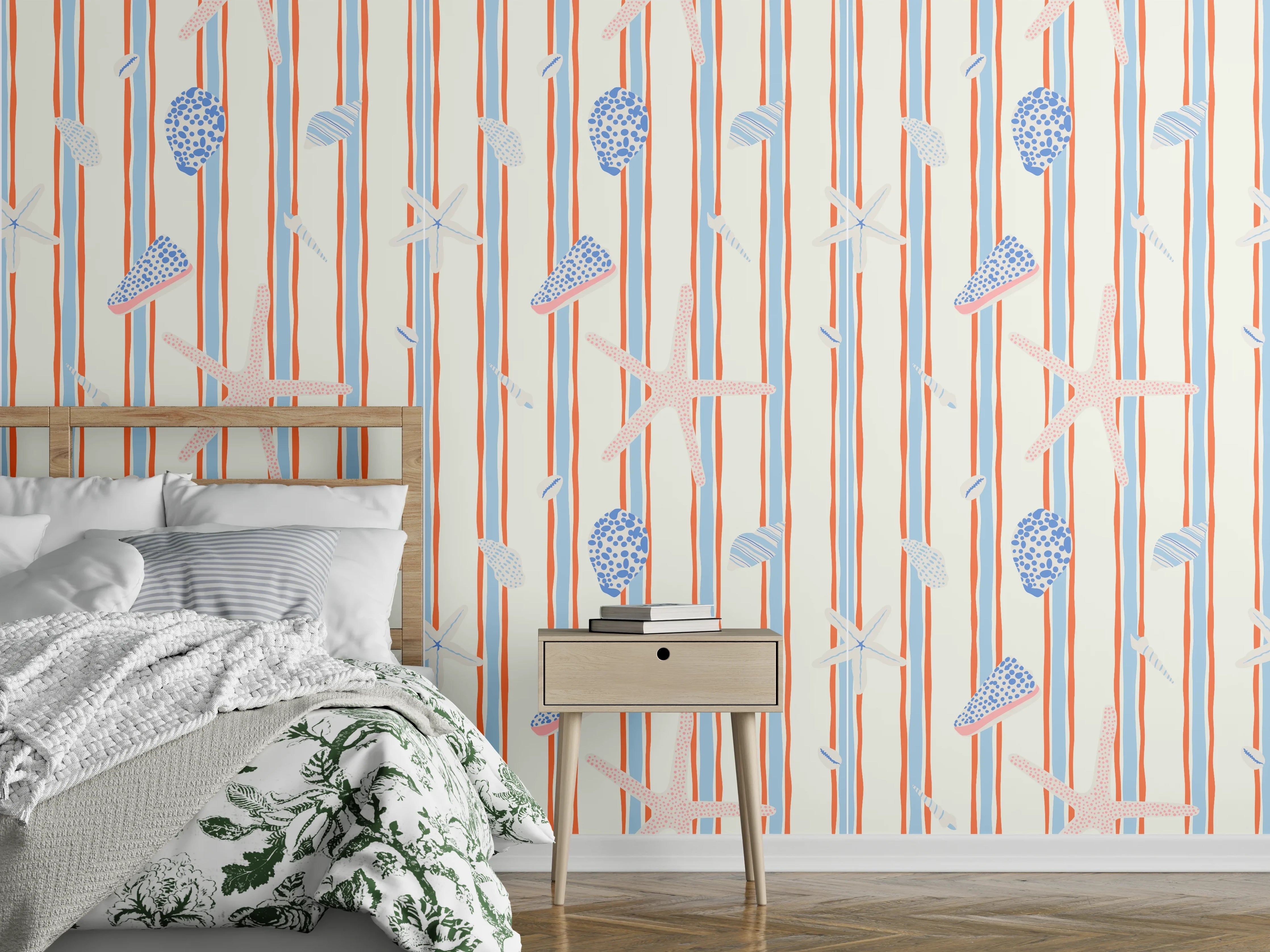 Wandverkleidung Schlafzimmer - Muschelstreifen Strandtapete Blau-Orange