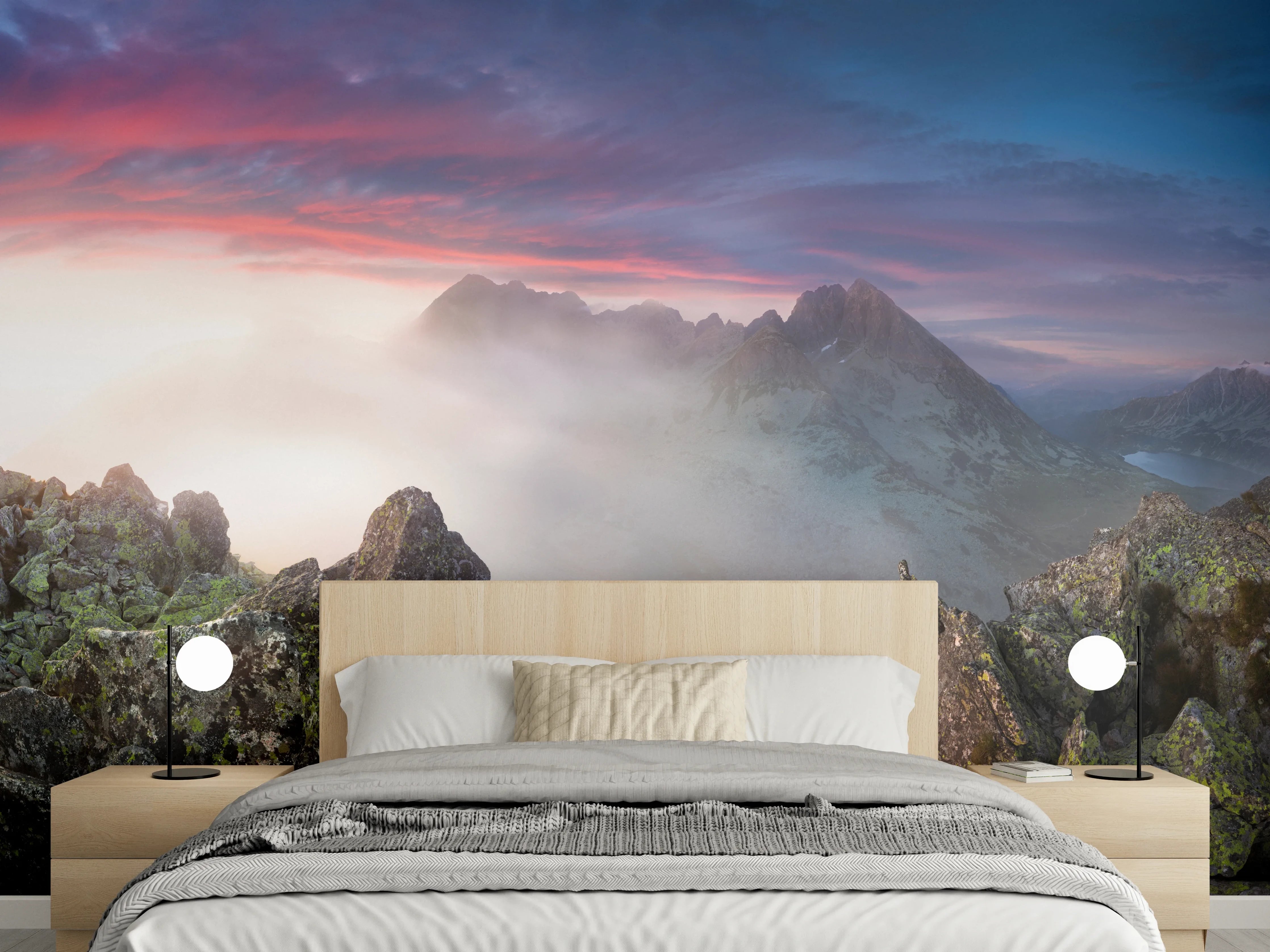Wandverkleidung Schlafzimmer - Mystische Berglandschaft bei Sonnenuntergang